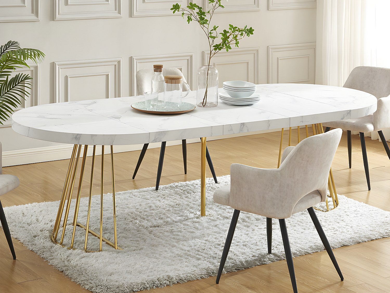 Stół do jadalni rozkładany dla 2 do 12 osób z MDF i stali - Imitacja marmuru biały i złoty - FIRELA