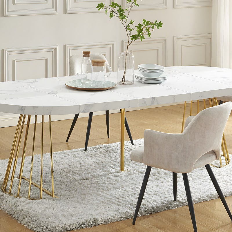Stół do jadalni rozkładany dla 2 do 12 osób z MDF i stali - Imitacja marmuru biały i złoty - FIRELA