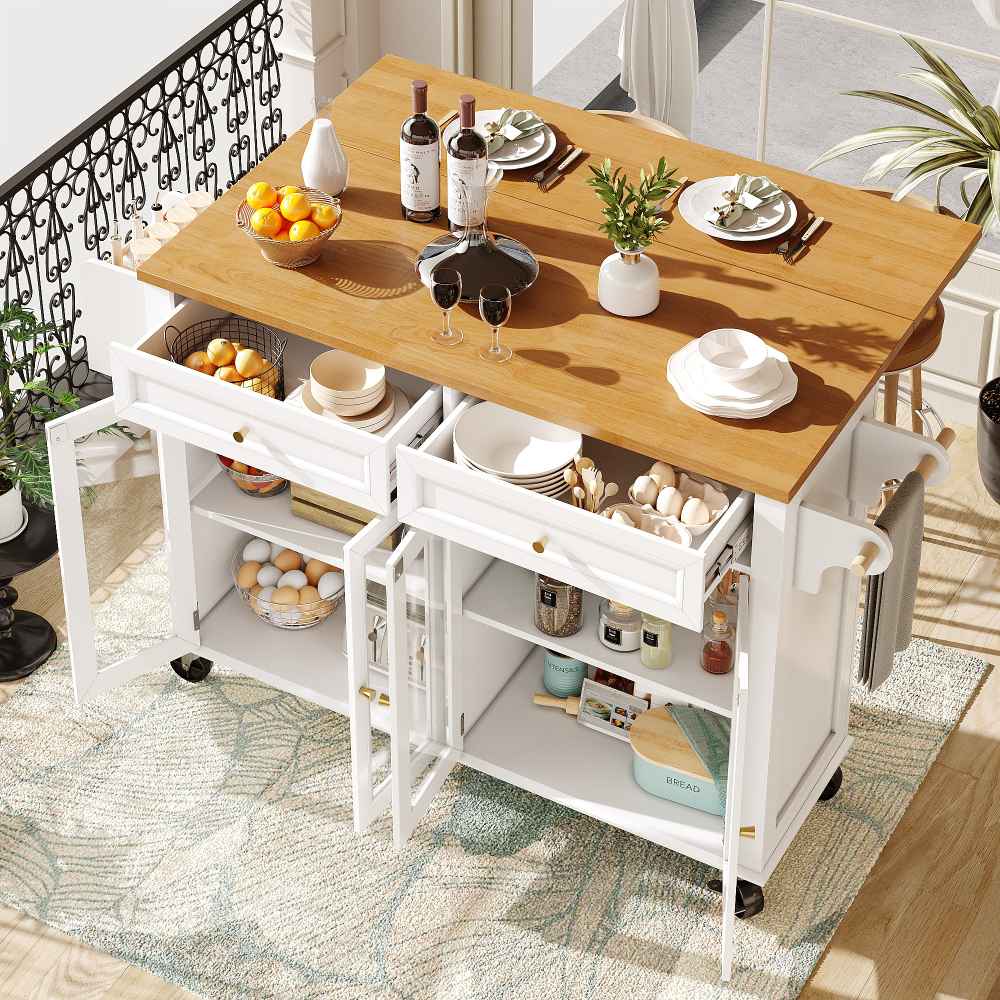 Leroy Merlin Isla De Cocina Móvil Con Puertas De Vidrio, Carrito Multifuncional Mdf Efecto Madera, Buffet Con Gran Almacenamiento Y Encimera Extensible Blanco 