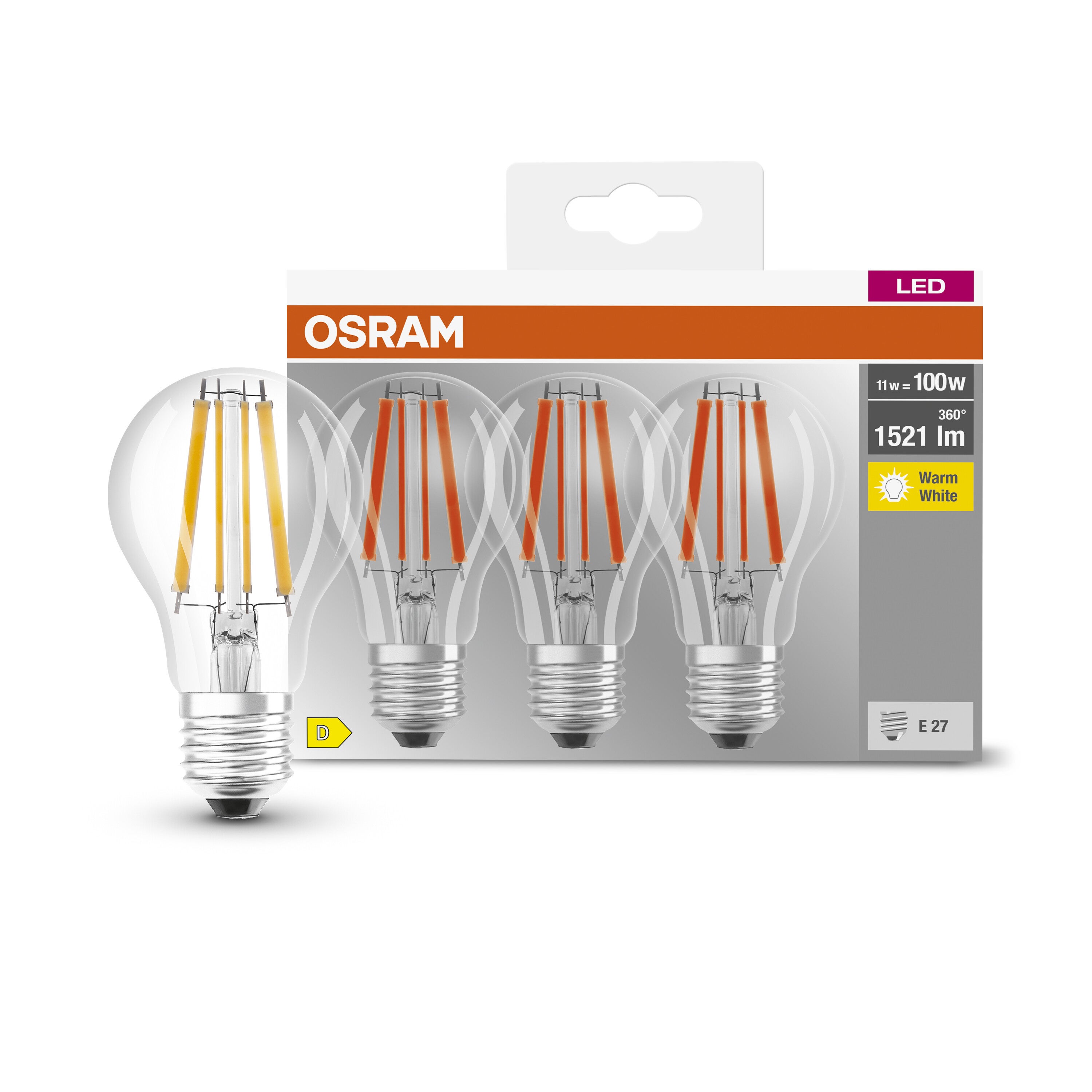 3-Pack OSRAM LED BASE Classic A100, ampoules LED à filament transparent en verre pour culot E27, forme ampoule, blanc chaud (2700K), 1521 lumen, en - 2