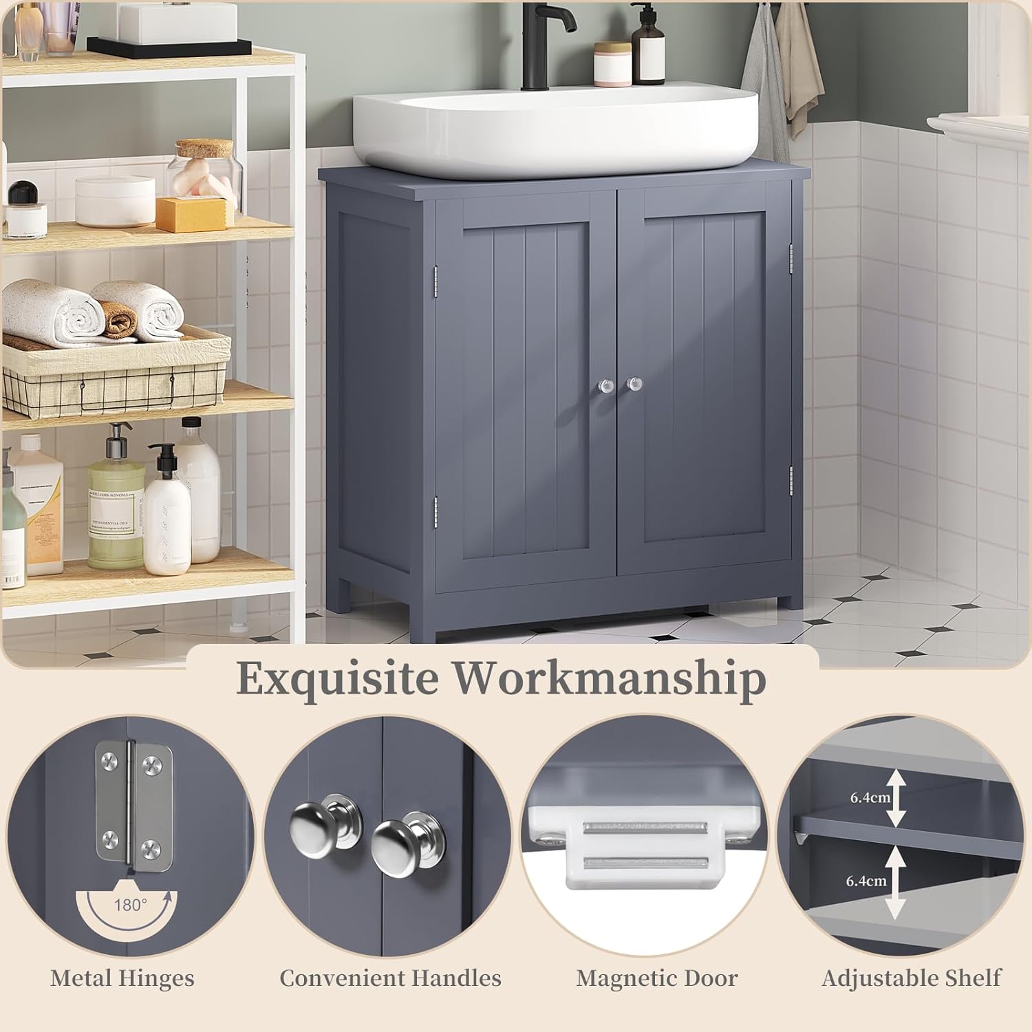 Meuble de salle de bain - Meuble sous lavabo en bois - Meuble de rangement - Armoire de salle de bain - en MDF - 60x60x30cm - Gris - WOLTU - 7