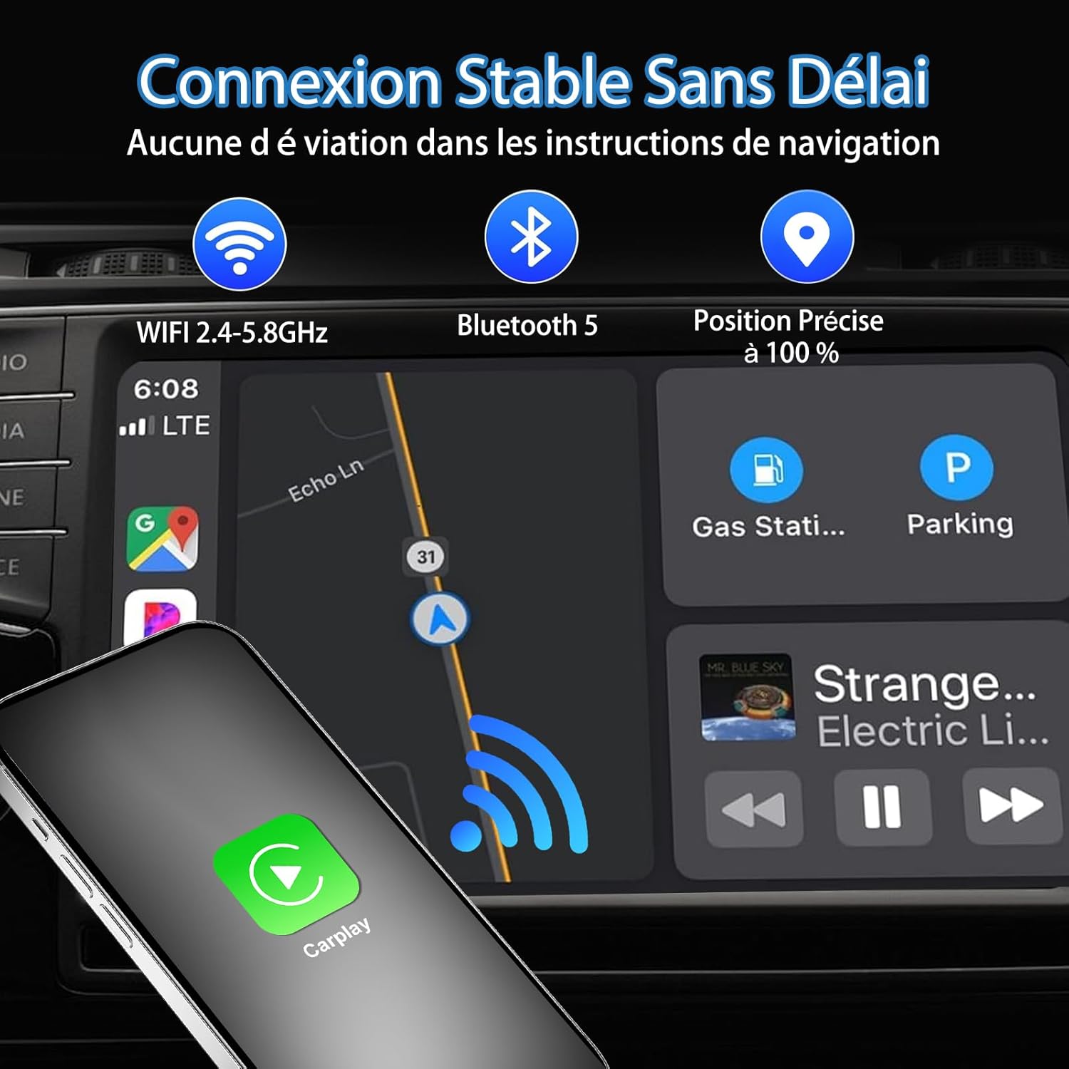 Adaptateur CarPlay sans fil avec câble d'extension USB A-C et Type-C, filaire vers sans fil, pour voitures 2016 et ultérieures et iOS 10+ - 5