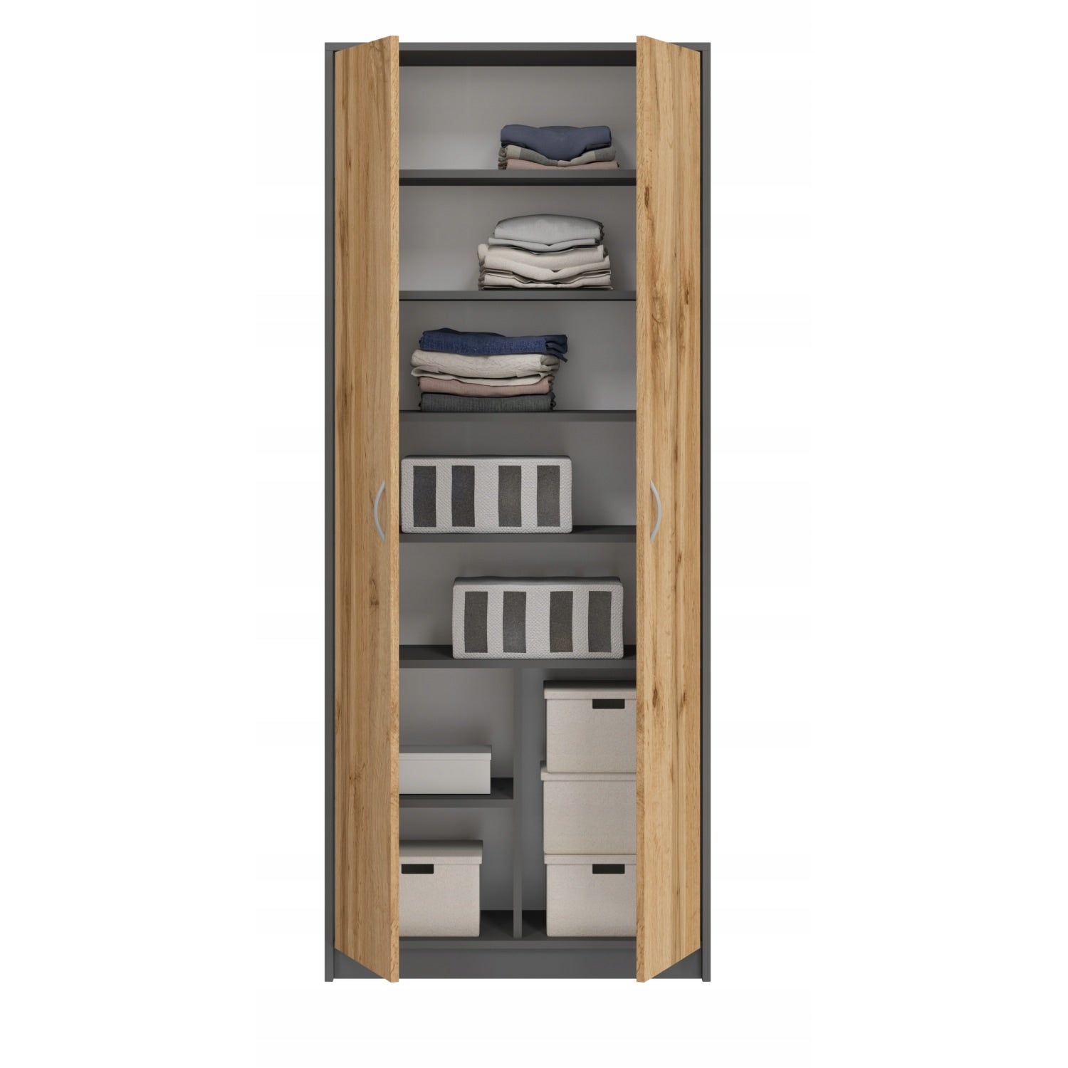 PARLA - Armoire moderne 6 étagères - 180x74x35cm - Meuble de rangement - Armoire bureau - Gris&Aspect bois - 3