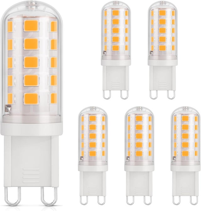 6 bombillas LED G9 de 3W, equivalentes a halógenas de 30W, luz blanca cálida 3000K, no regulables, 230V, de bajo consumo, con base de cerámica.