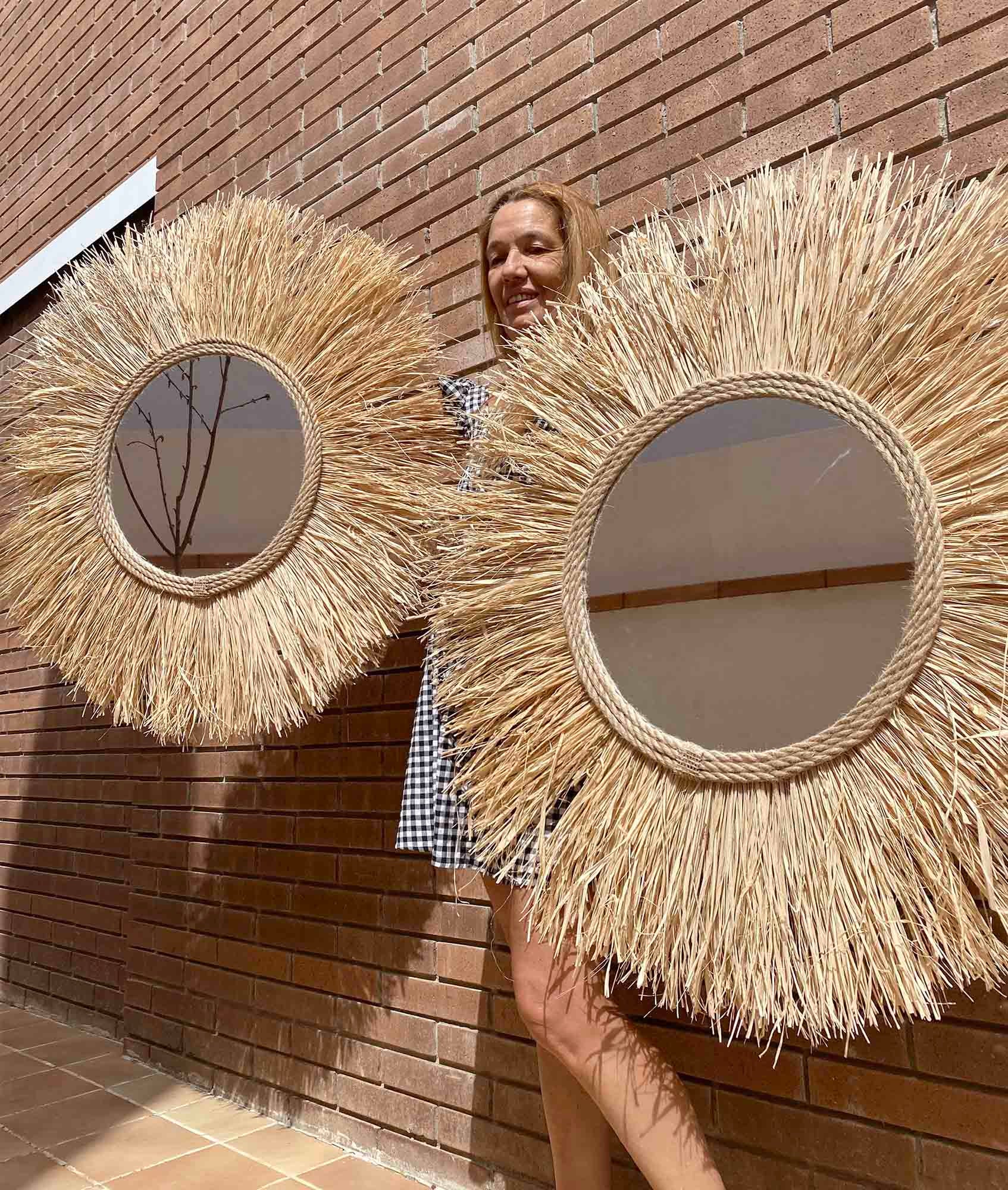 Ozdobne lustro ścienne z rafii i naturalnych włókien – RAFFIA CORD Ø całkowita 60 cm - 4