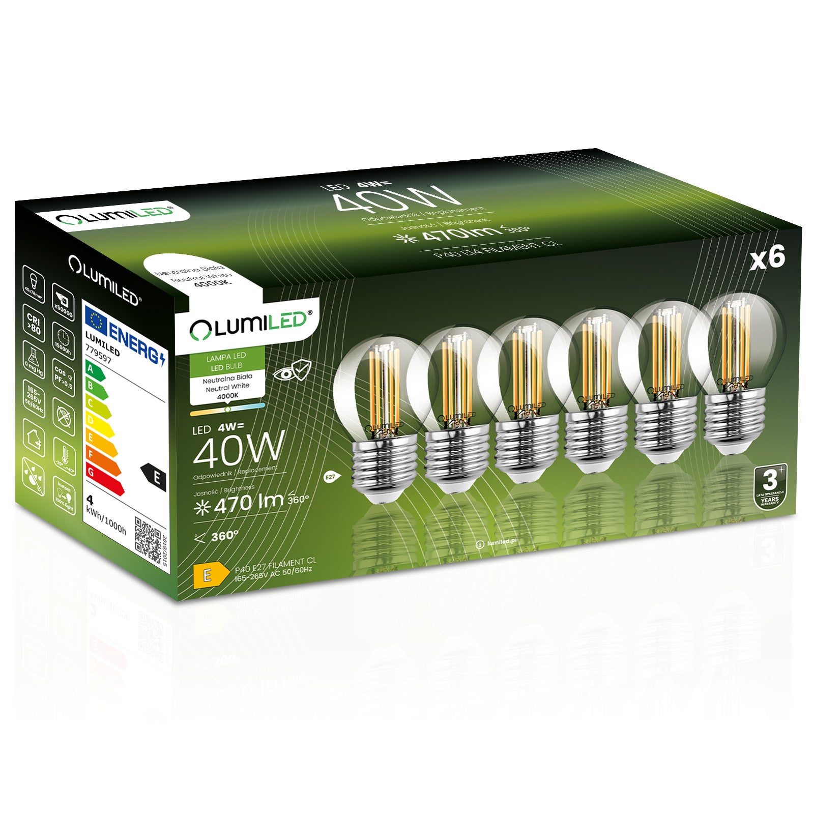 Żarówka LED Lumiled E27 Kulka P45 4W 470lm 4000K Neutralna biel 360st Filament 6 szt.