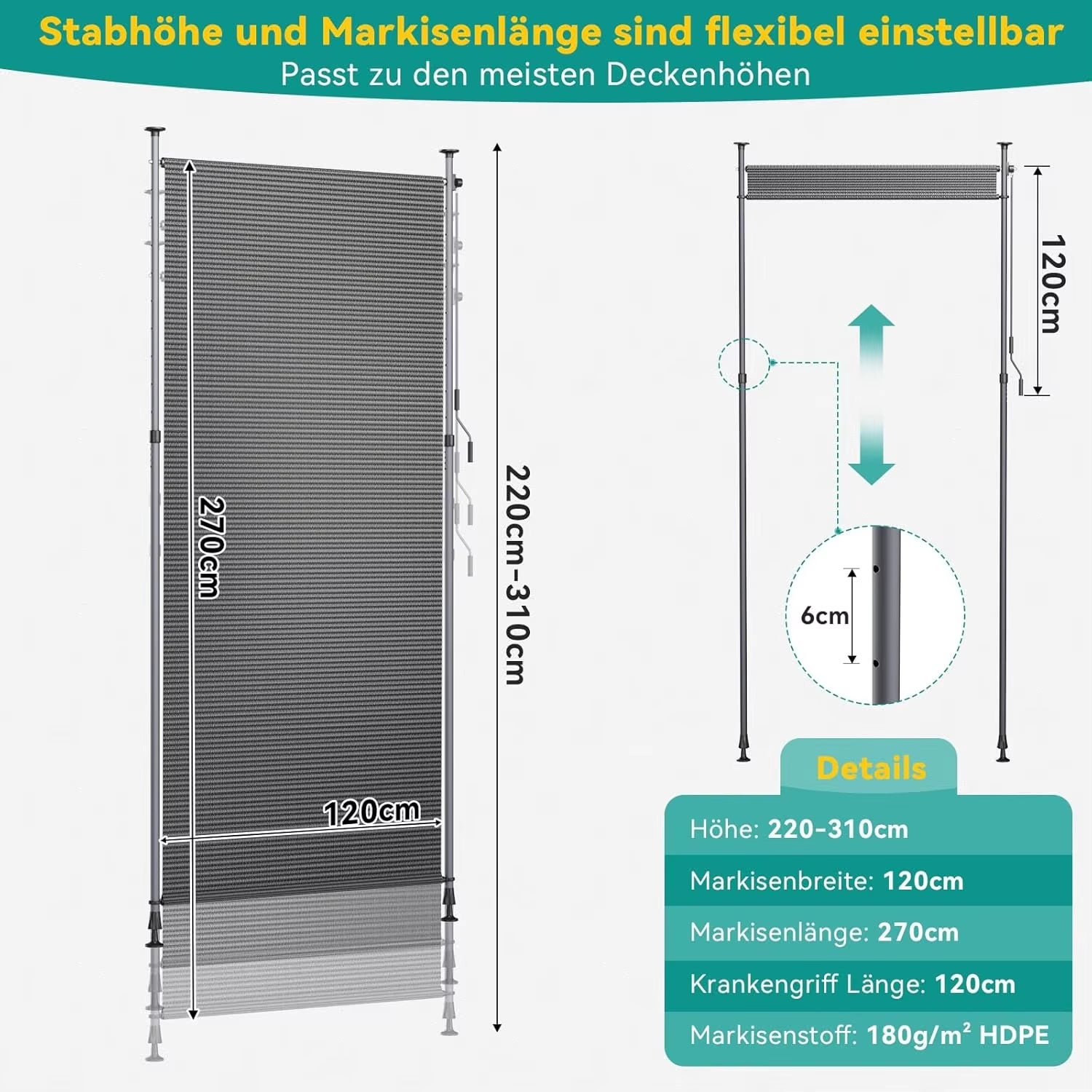 Sientice 1 toldo vertical para exteriores, cortina de privacidad para balcón, toldo con fijación por clips, toldo retráctil para balcón, 120 × 270 cm