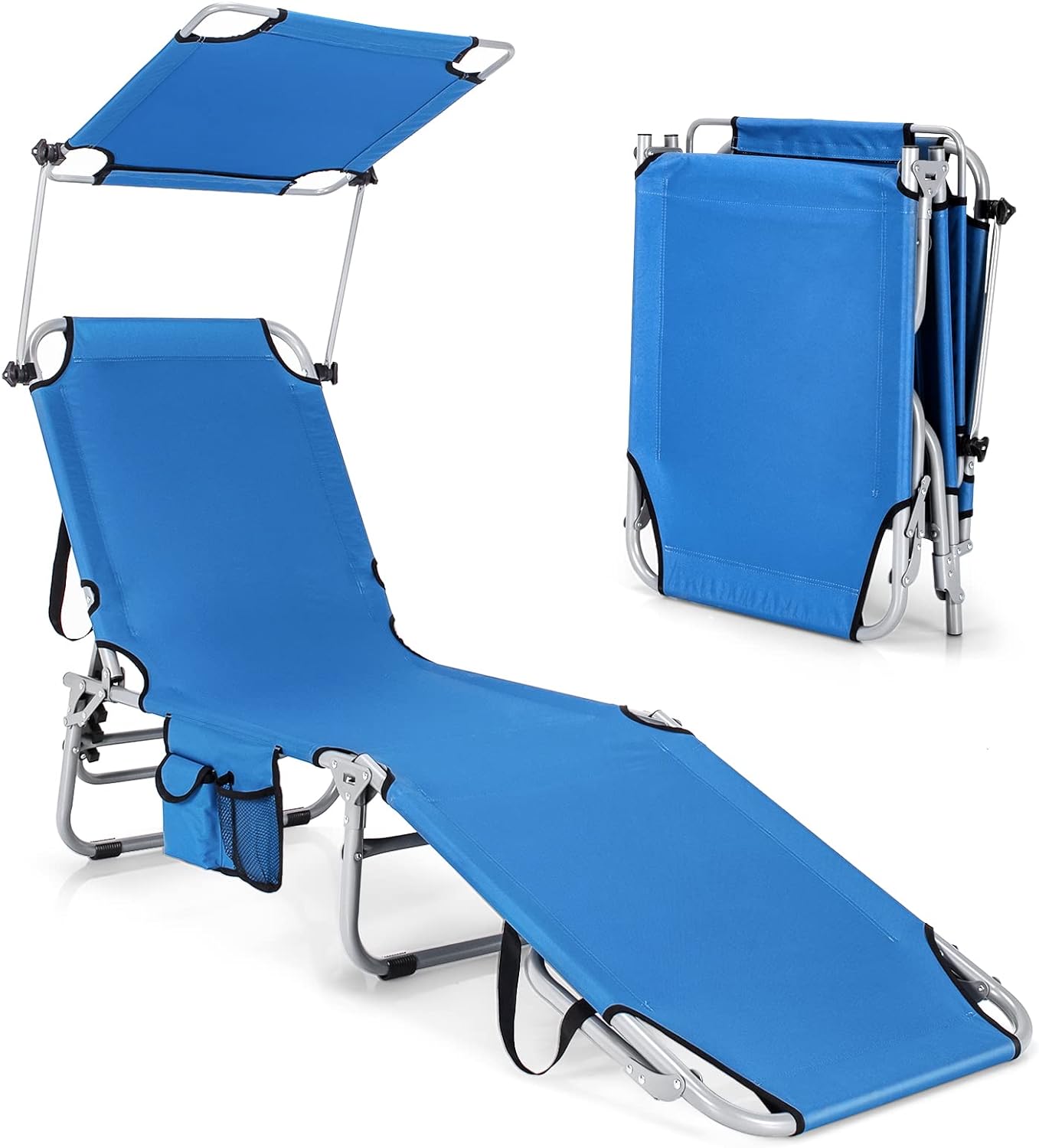 Leżak do opalania z dachem i kieszenią boczną, składany leżak z 5 regulowanymi oparciami, leżak plażowy, na basen, 193 x 56 x 32 cm (niebieski)