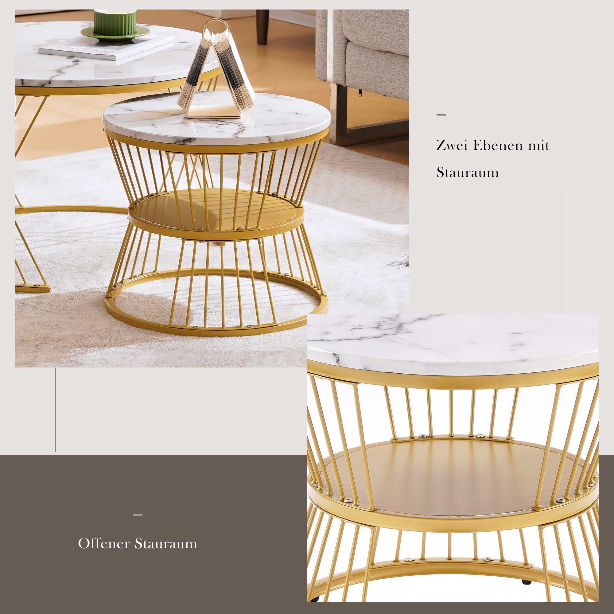 Zestaw 2 składanych stolików kawowych z półką - MDF, drewno i metal - blaty z wzorem marmuru - biały - 9