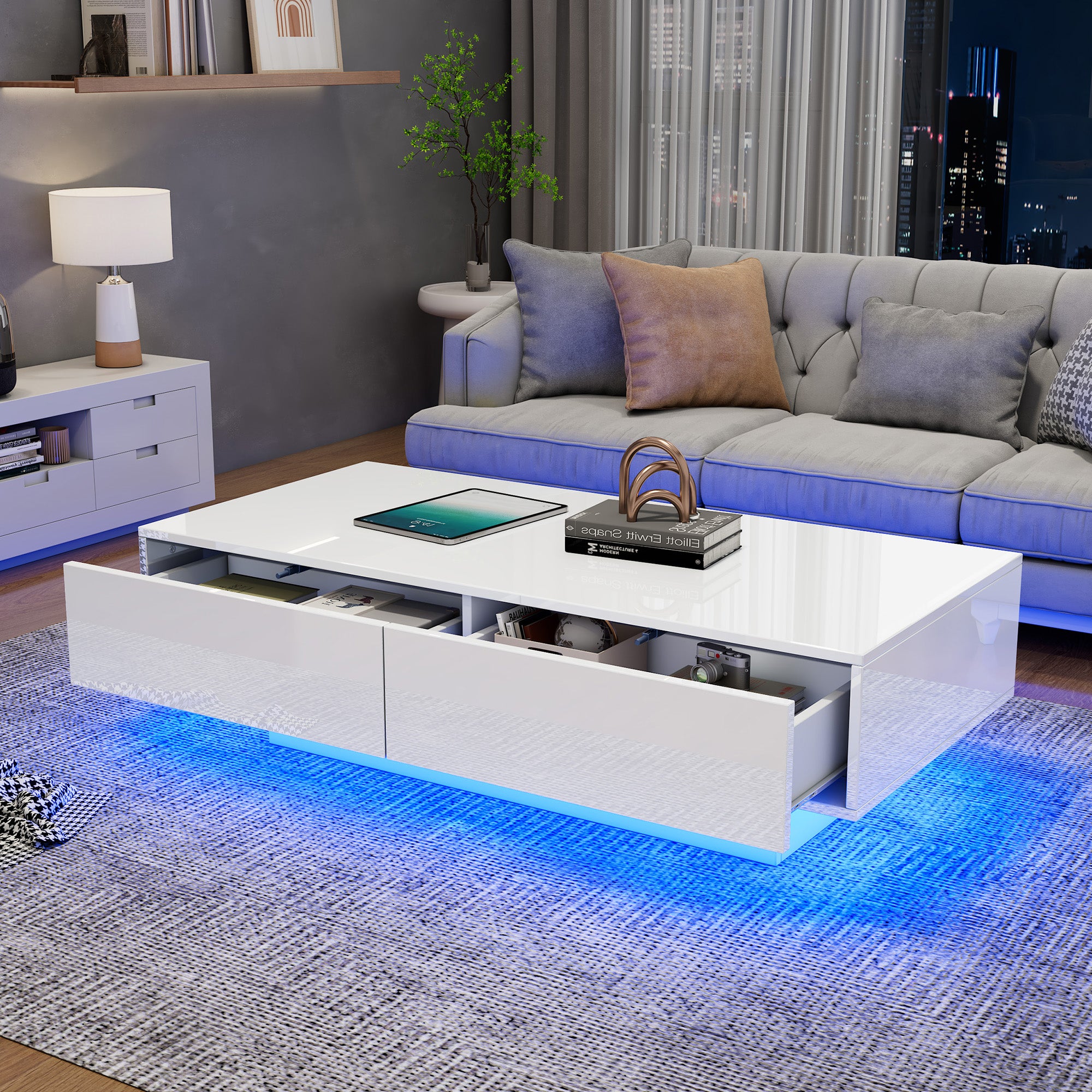 Table basse moderne laquée blanche brillante, 115 x 55 x 34 cm, avec 2 tiroirs, éclairage LED– Élégante table de salon - 5