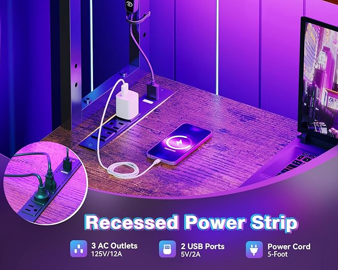 Bureau Gaming en L avec LED & Prise de Courant, Bureau Réversible 53