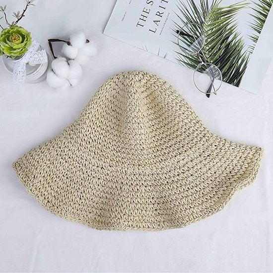 Chapeau de paille pour femme - Chapeau de plage pliable à large bord - Été et vacances - Beige - Taille unique - 2