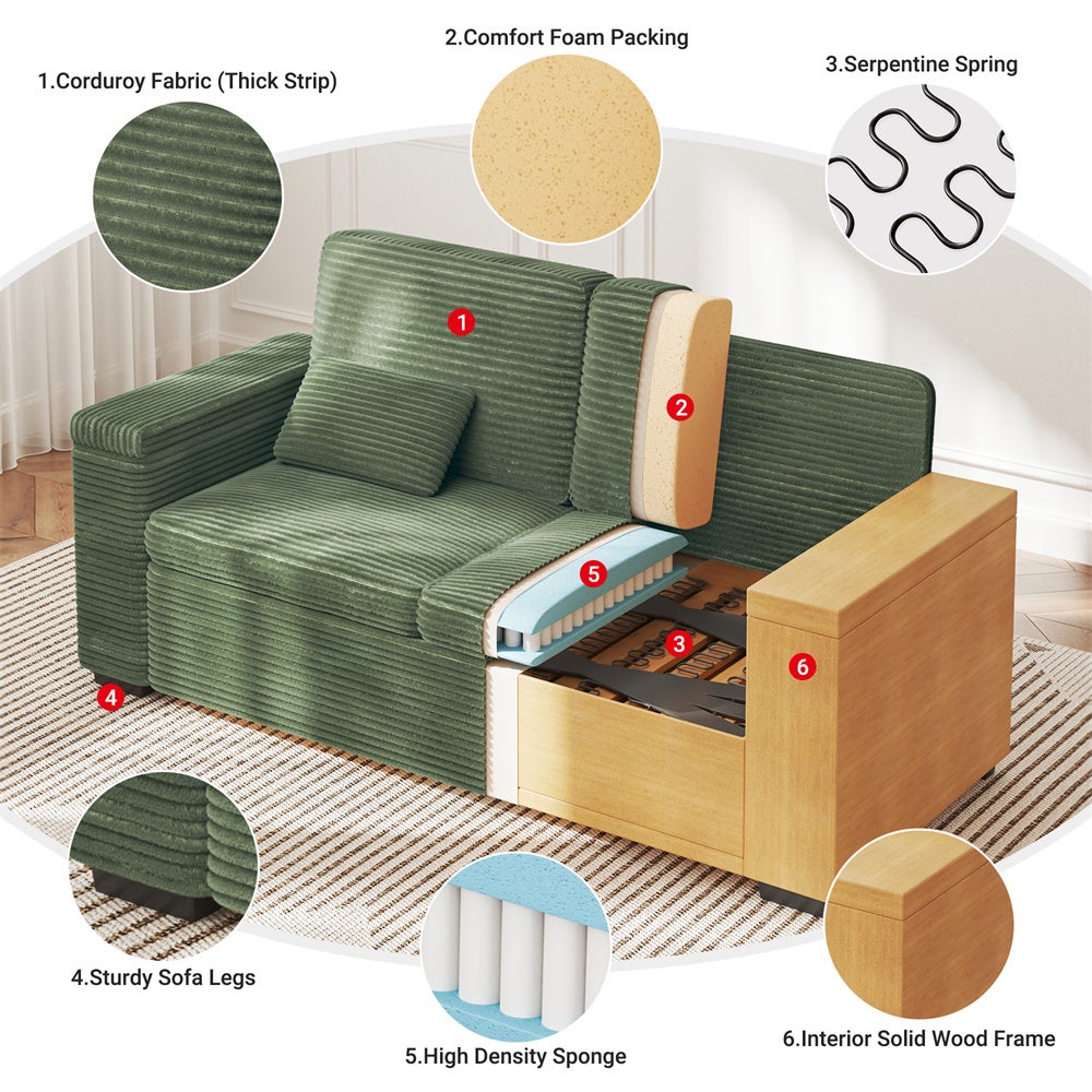 DRIPEX Canapé 2 places en velours côtelé Vert avec accoudoirs espace de rangement,Canapé avec coussins et oreillers,182×74×84cm - 5