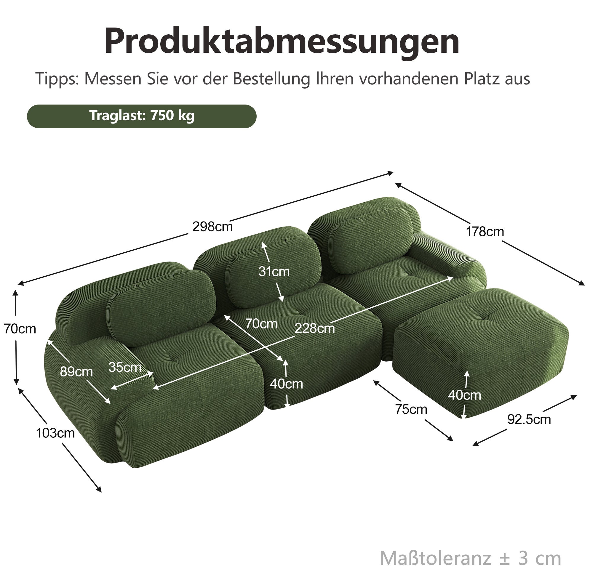 Canapé d'angle modulable 3 places sans montage, sans cadre, en tissu côtelé vert, ergonomique, 298 × 178 × 70 cm - 6