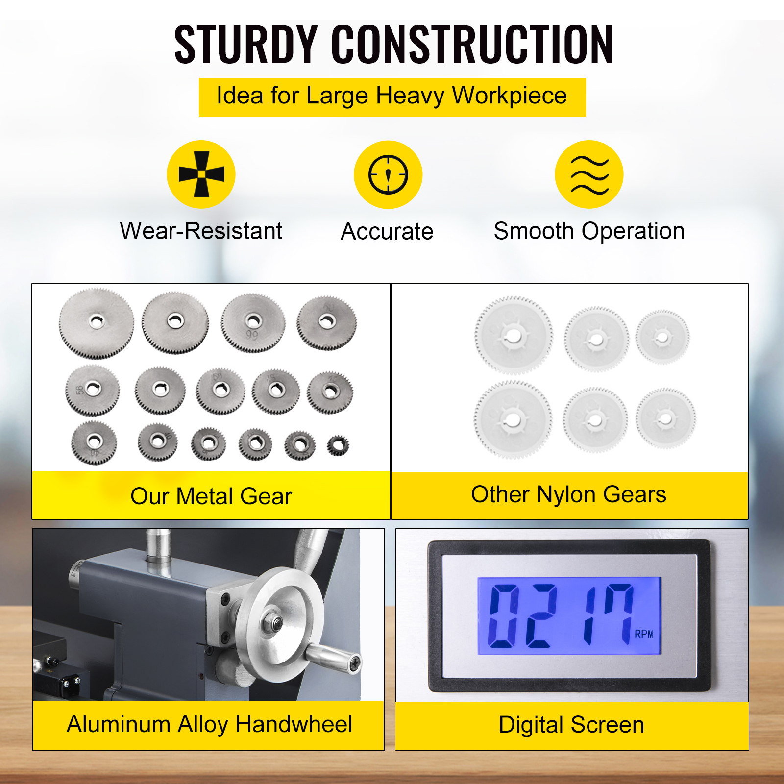 Tour à Métaux VEVOR 210x400 mm Mini Tour à Bois Affichage Numérique Vitesse Variable 50-2500tr/min Kit Tour Métal Outils Mesure pour Travaux Précision - 3