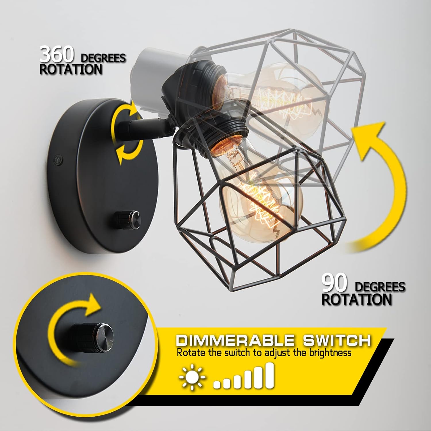 Regulowana 360° lampa ścienna do wnętrz, lampa ścienna w stylu retro industrialnym, oświetlenie wewnętrzne z regulacją jasności do sypialni, salonu i - 2