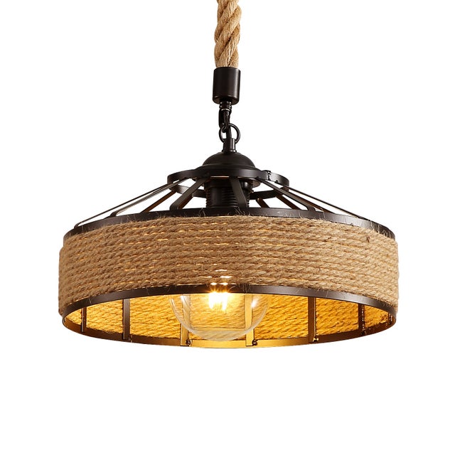 GOECO Lustre en Corde de Chanvre, Lampe à Suspension Rétro en Métal Noir, Lustres Suspensions En Country, Plafonnier Couloir E27 Luminaire pour Salon