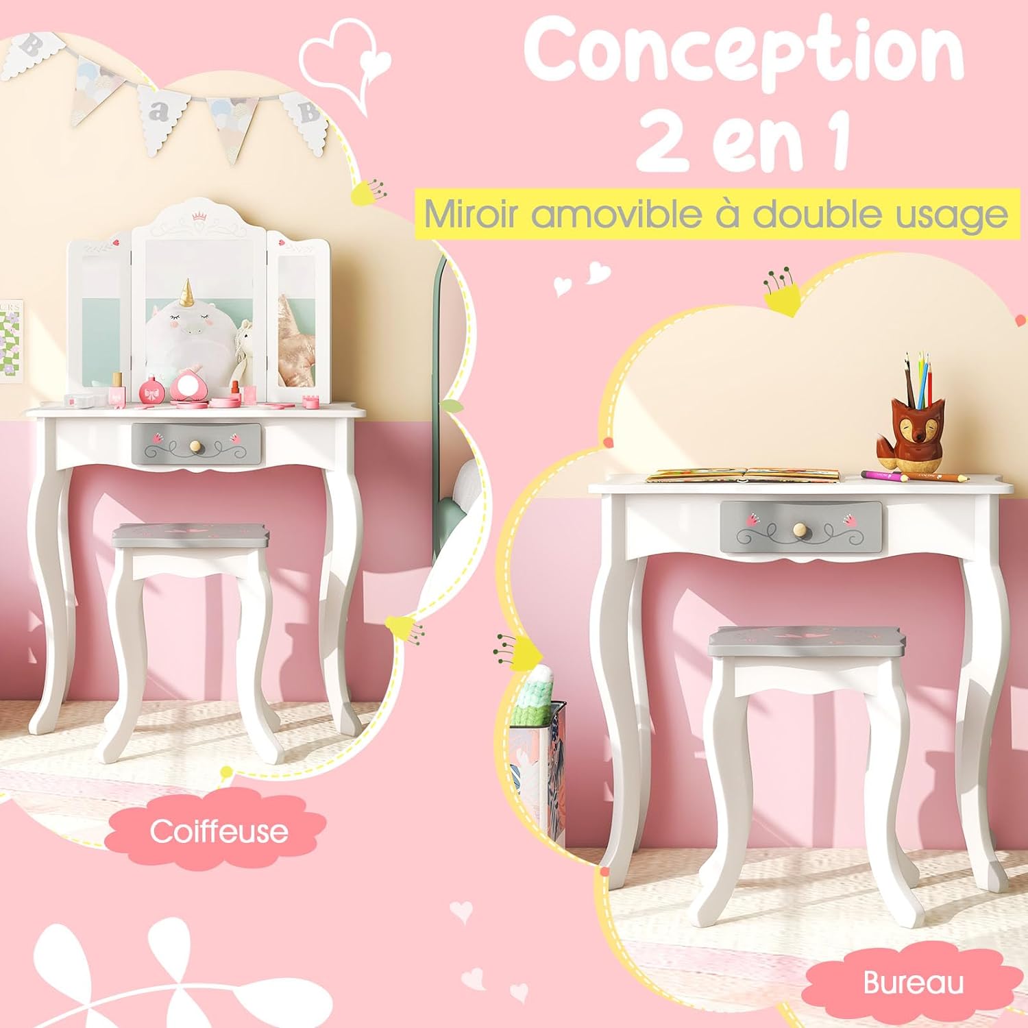 Toeletta Trucco 2 in 1 per Bambina, Specchiera Staccabile per Ragazza in Legno con Sgabello, Cassetto e Giocattoli, Postazione Trucco per 3 An - 2