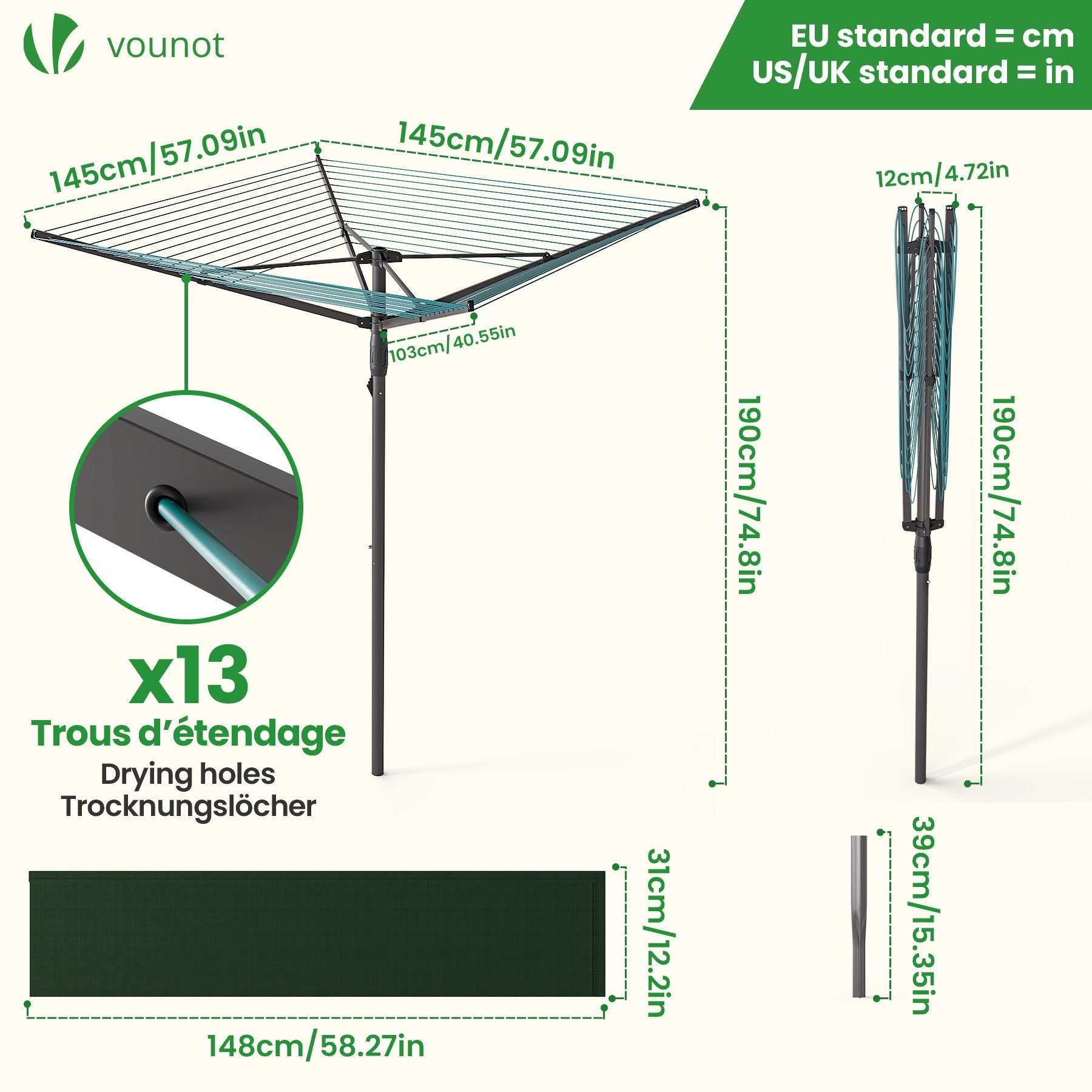 Étendoir à linge extérieur rotatif 50m avec housse de protection - Séchoir parapluie grande surface d'étendage - Gris - VOUNOT® - 3