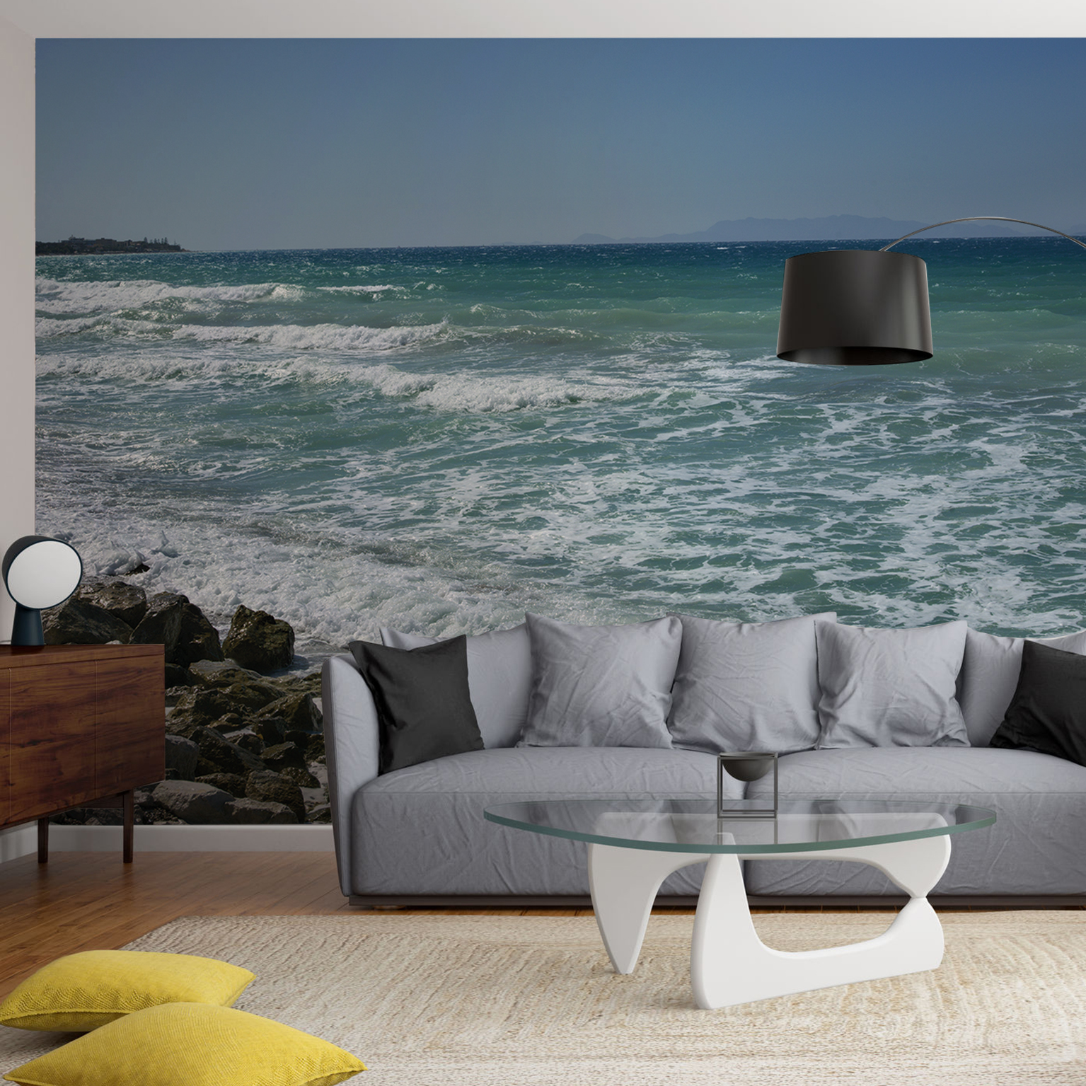 Papelera panorámica asegurada, borde de un mar azul para decoración gigante junto al mar con rocas y horzón montañoso, 270 cm x 250 cm