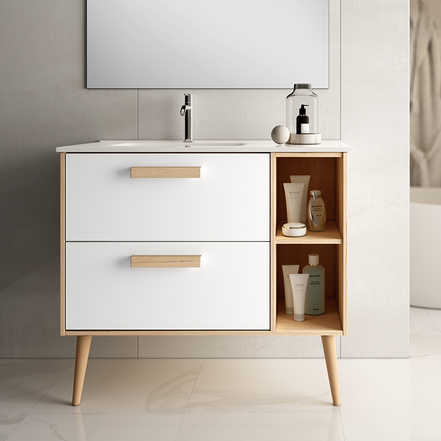 Meuble de salle de bain vasque déportée - 2 tiroirs - MALIA et miroir rond Led SOLEN - blanc - 80cm - 2