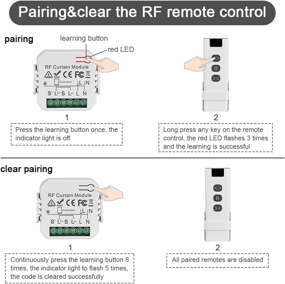 Modulo per tapparelle wireless, interruttore wireless per tapparelle e tende, composto da un telecomando RF + modulo ricevitore, portata massima 100 m - 5