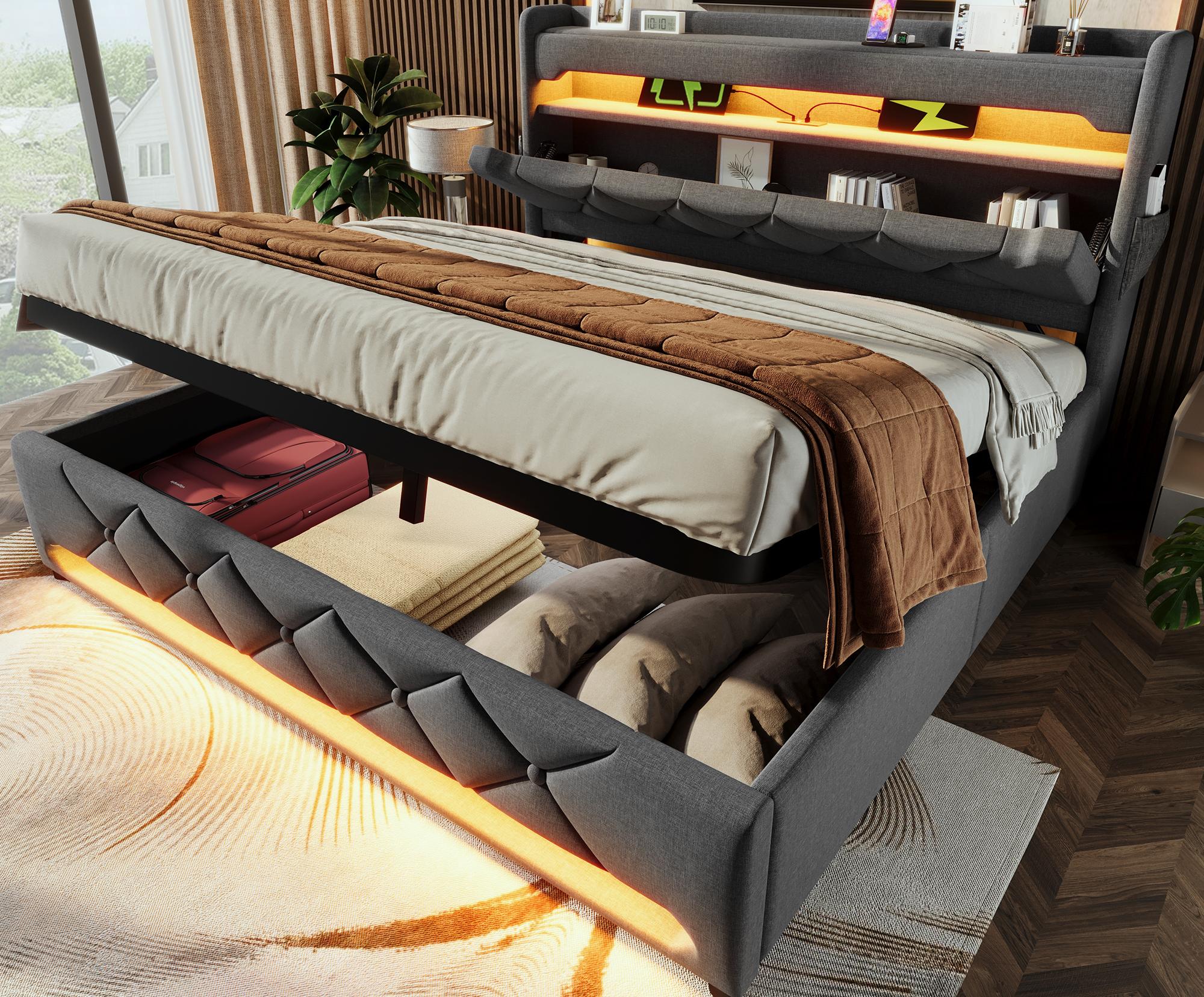 Łóżko tapicerowane z miejscem do przechowywania 140x200 cm - z oświetleniem LED i portami ładowania USB - tkanina lniana - Szare