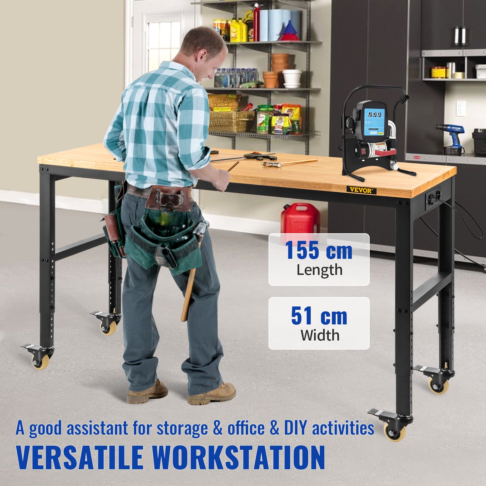 Etabli Garage Atelier Table VEVOR de Travail 155x51x105 cm Hauteur Reglable 80-105 cm, Etabli Plateau en Bois Chene Cadre en Acier, Etabli Multifoncti - 2