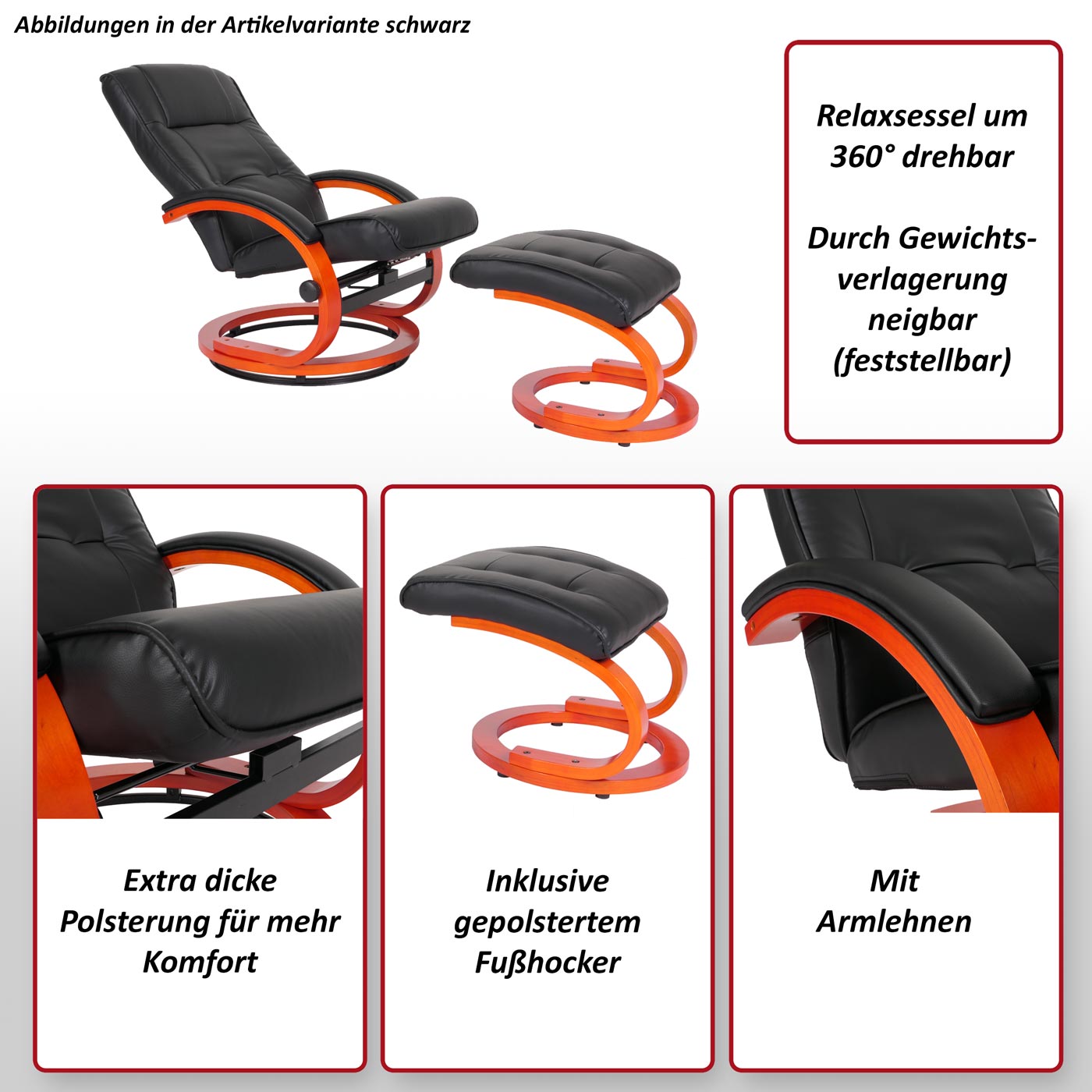 Fauteuil TV fauteuil relaxation pivotant avec repose-pieds en PVC rouge cadre en bois 04_0006897 - 2