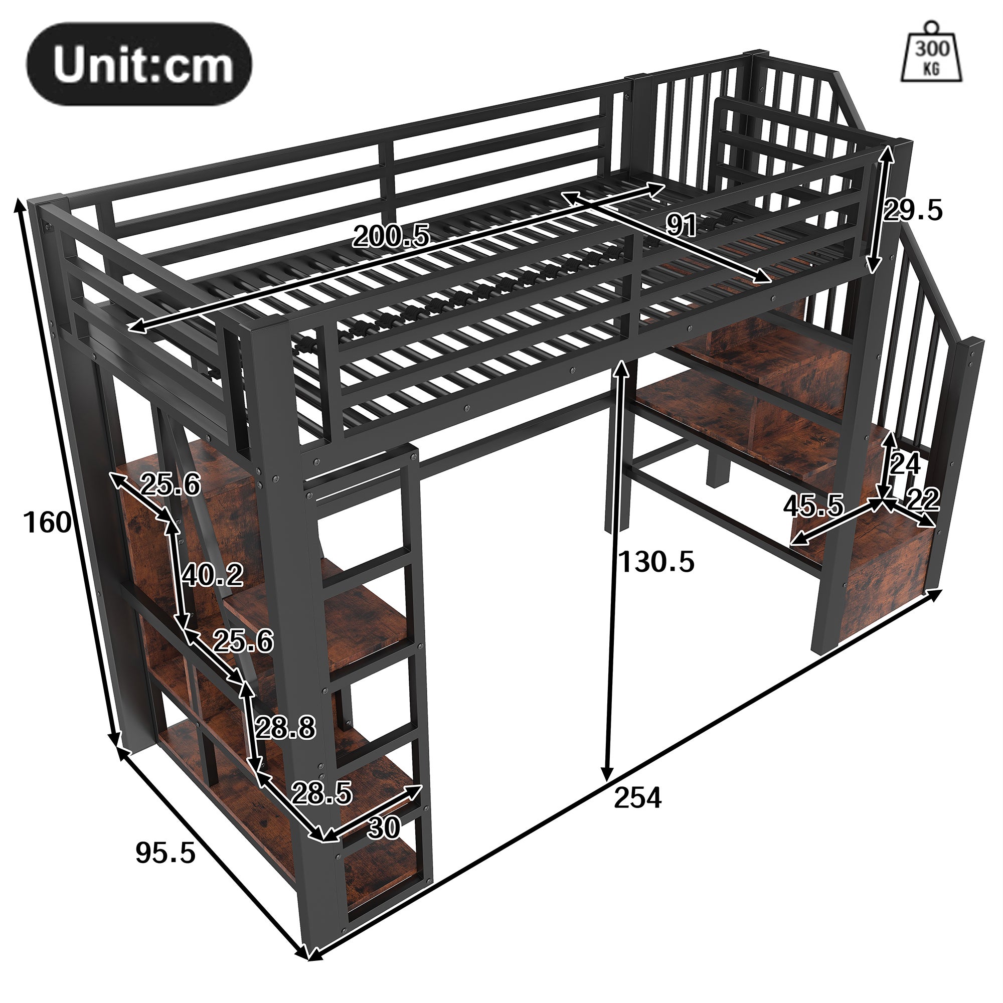 Lit mezzanine en métal 90x200 cm avec LED intégrée,lit surélevé avec rangements et étagères,escalier sécurisé,structure robuste style industriel,Noir - 5