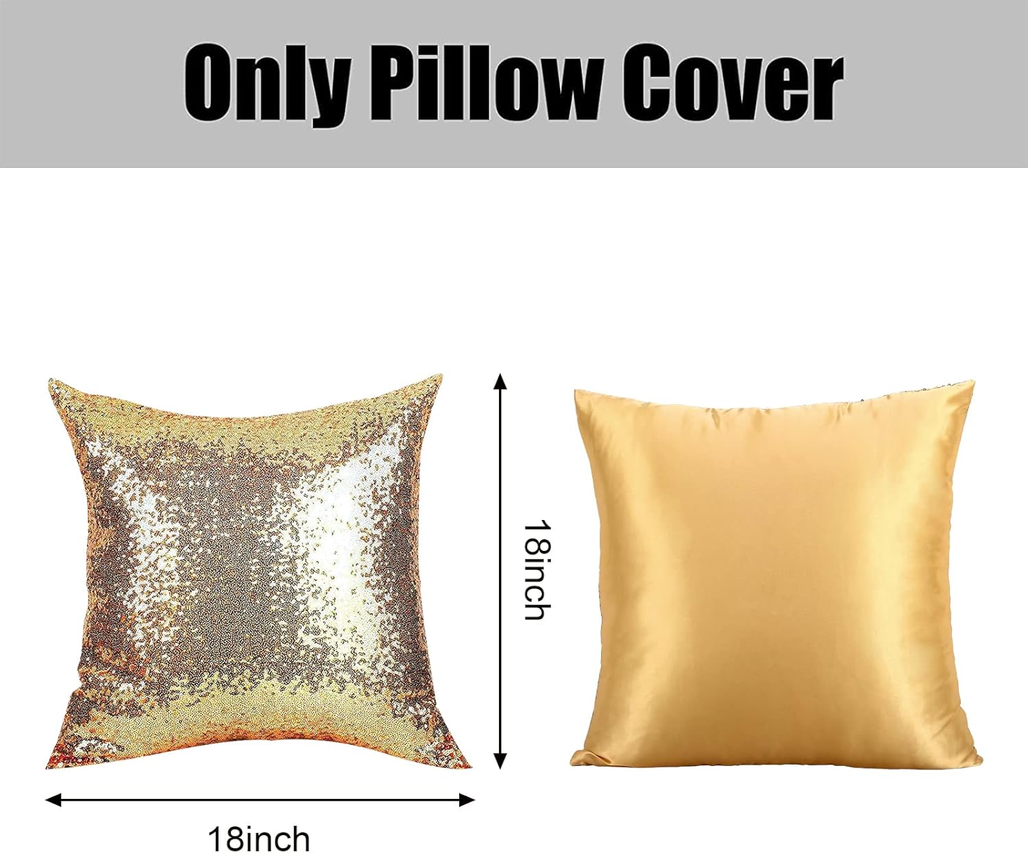 2 coussins décoratifs à paillettes dorées, 45 x 45 cm, housses de coussin carrées en tissu uni à paillettes, fermeture éclair invisible - 6