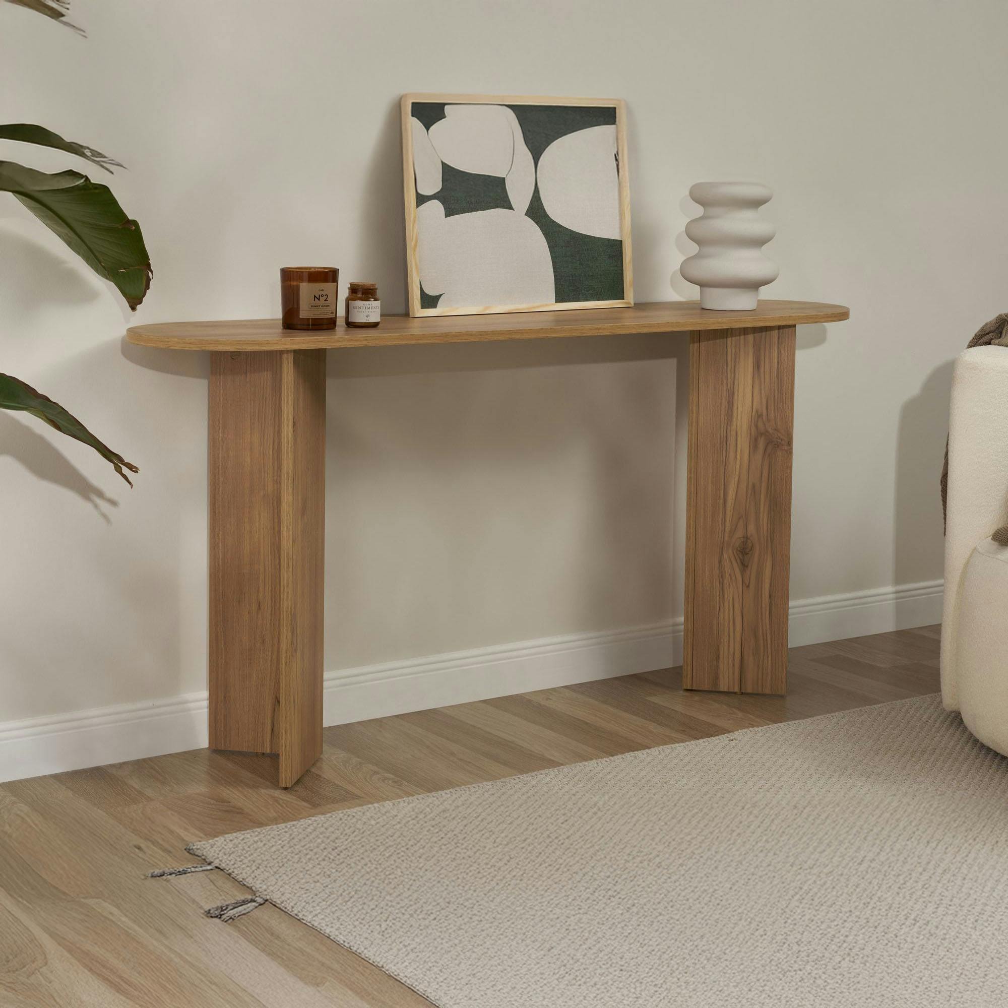 Console de salon ovale effet chêne - pieds en V MARFA - 2