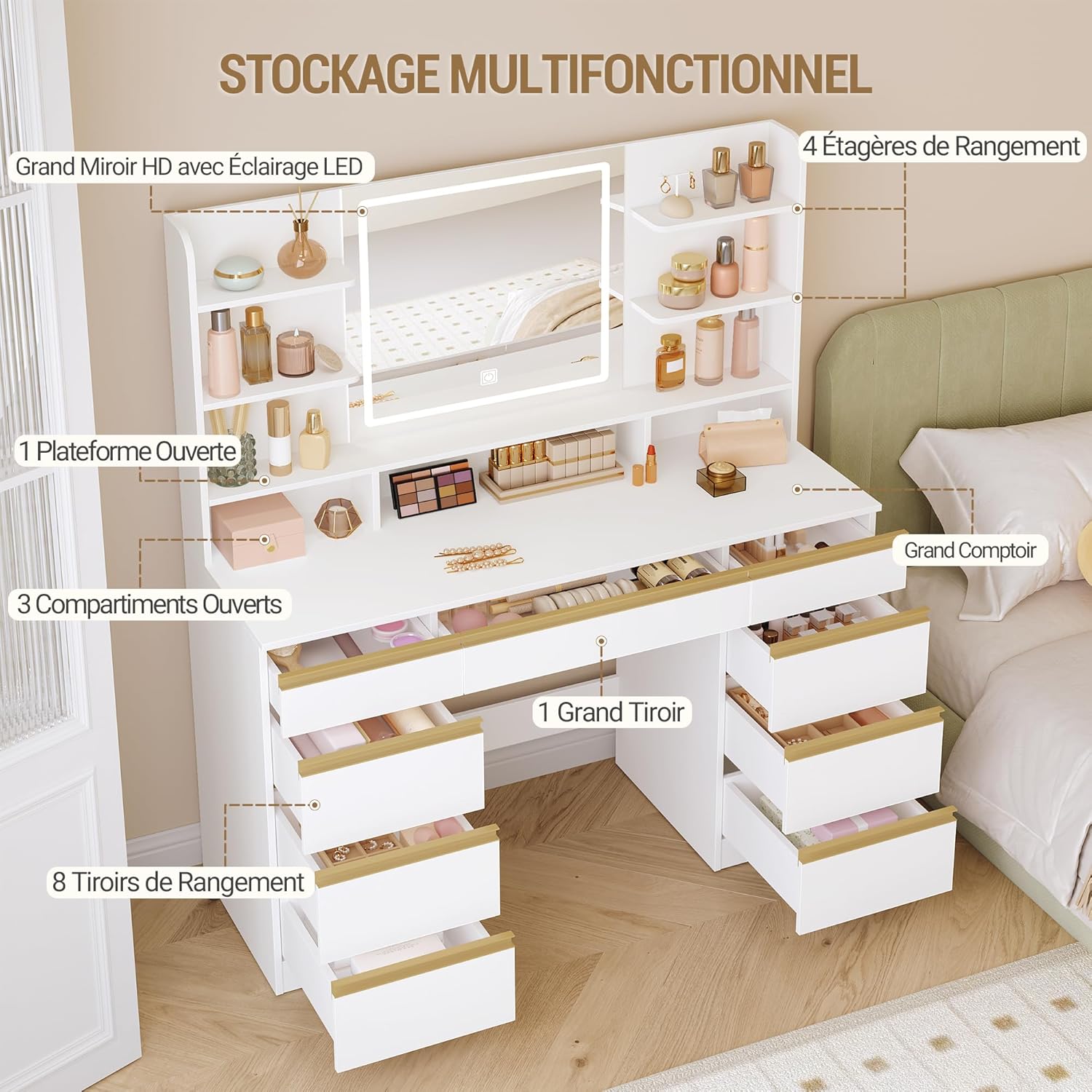 Grande Coiffeuse avec Éclairage LED, 3 Couleurs, Luminosité Réglable, Miroir, 9 Tiroirs, 9 Étagères Ouvertes, Blanc-Or - 2