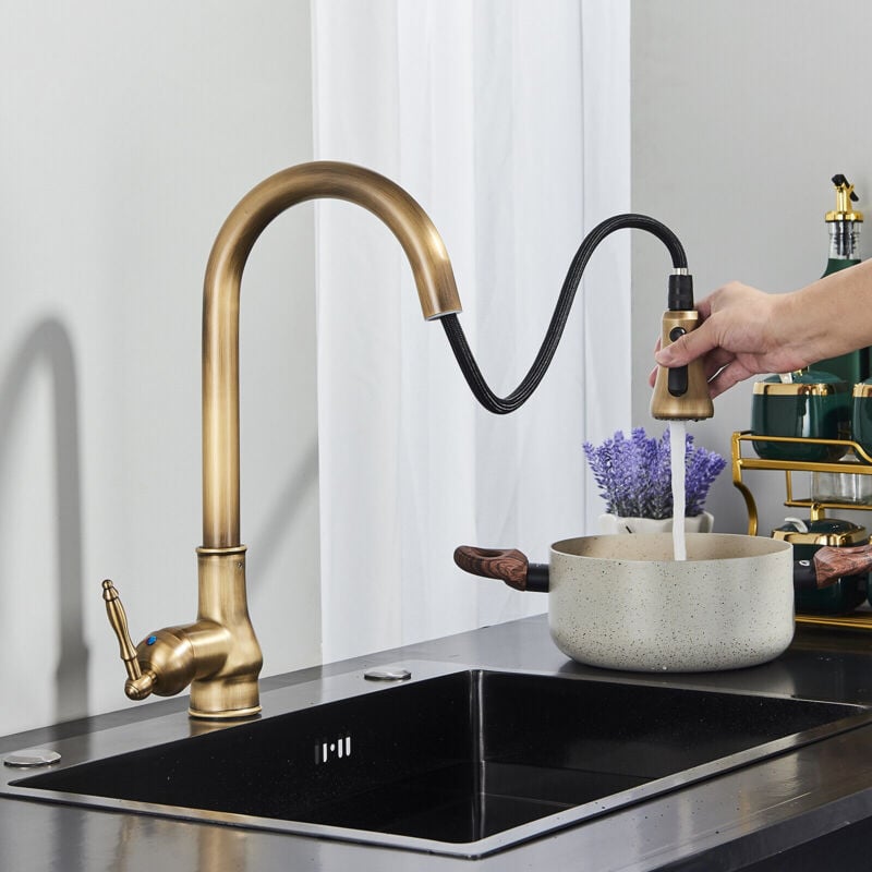 Retro wyciągana bateria kuchenna, mosiądz i bateria zlewozmywakowa ze stali nierdzewnej 304, wyciągana bateria kuchenna, 3 funkcje