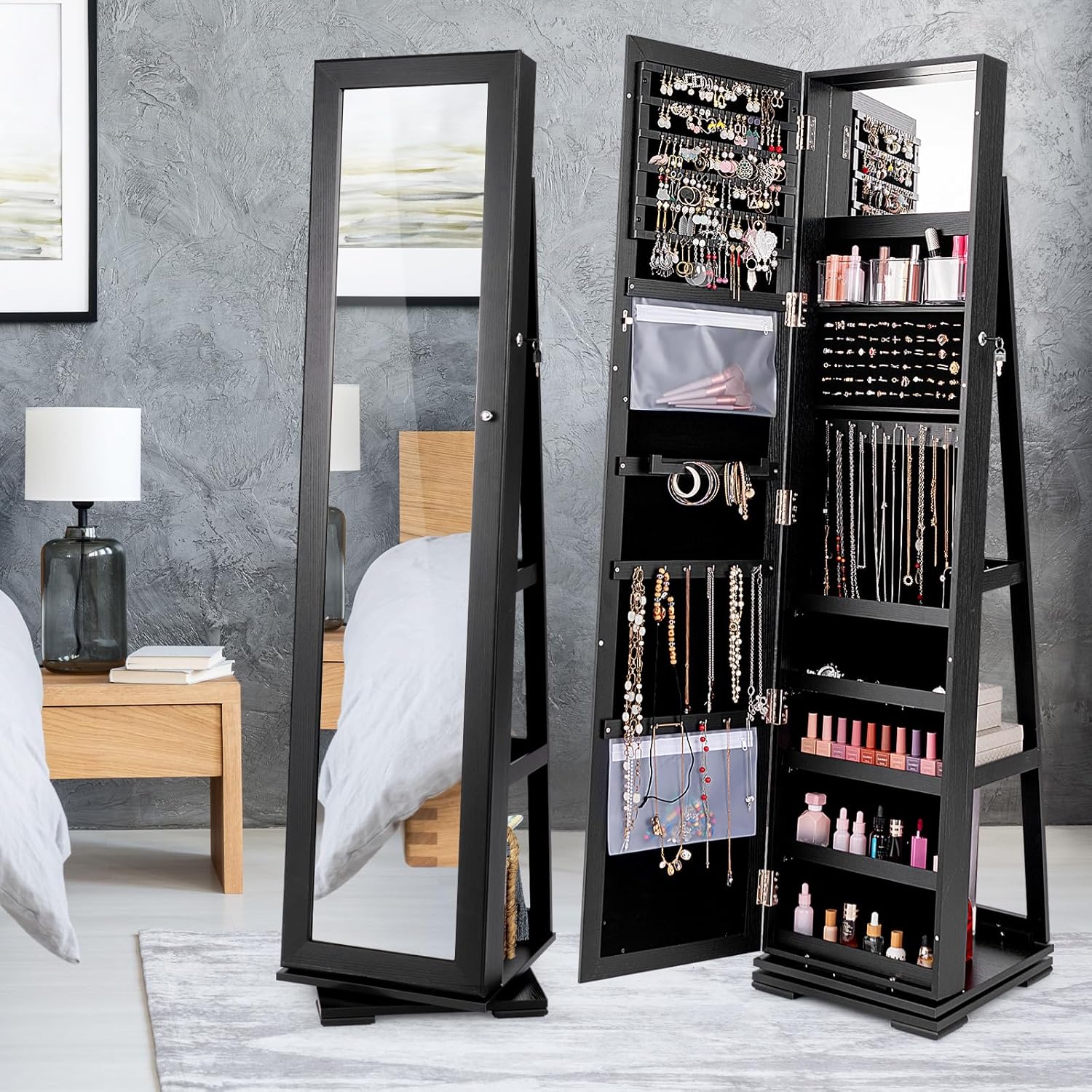 Armoire à Bijoux Pivotante à 360 Degrés sur Pieds,avec Grand Miroir Psyché et Etagère de Rangement à L’Arrière (Noir) - 7