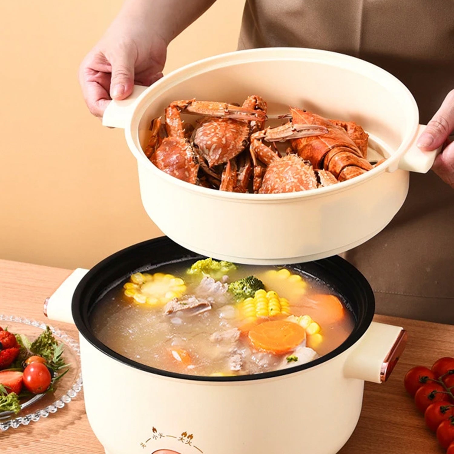 Dam  Olla Eléctrica Vaporera Multifunción 800W. Tres Temperaturas, 2.5L, Doble Nivel. Con Tapa Transparente. Vaporera, Hot Por,Salteado, Etc. Blanco , Leroy Merlin