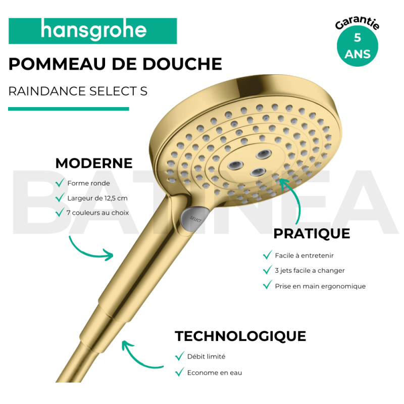 Pommeau de douche HANSGROHE Raindance Select S EcoSmart 120 3 jets + flexible HANSGROHE Designflex 160 cm doré poli - 4