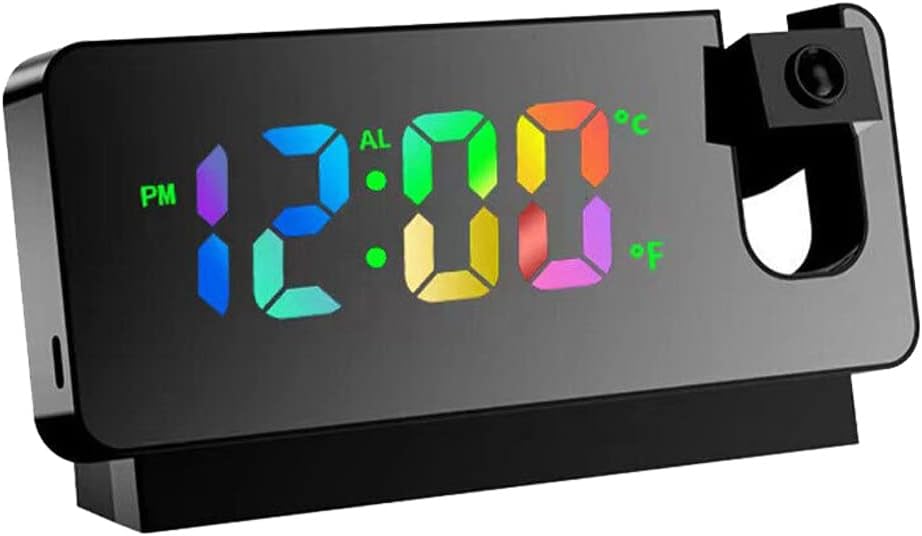 Cyfrowy budzik lustrzany z projekcją i wyświetlaczem temperatury, dużym wyświetlaczem LED, funkcją USB, czarną obudową i kolorowymi światłami.