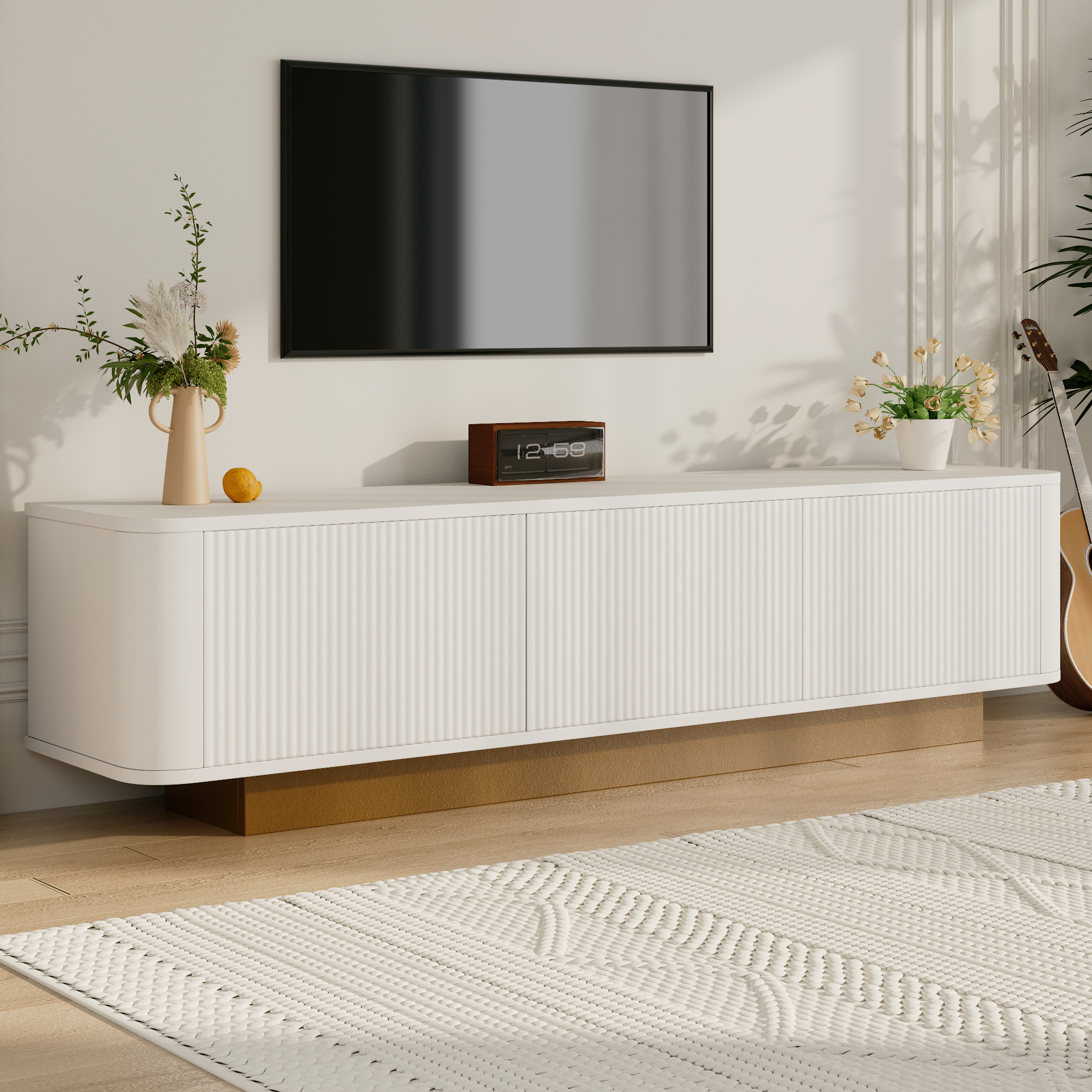 Szafka RTV z 3 drzwiami - 170 x 40 x 47 cm - MDF i płyta wiórowa - do salonu - biała