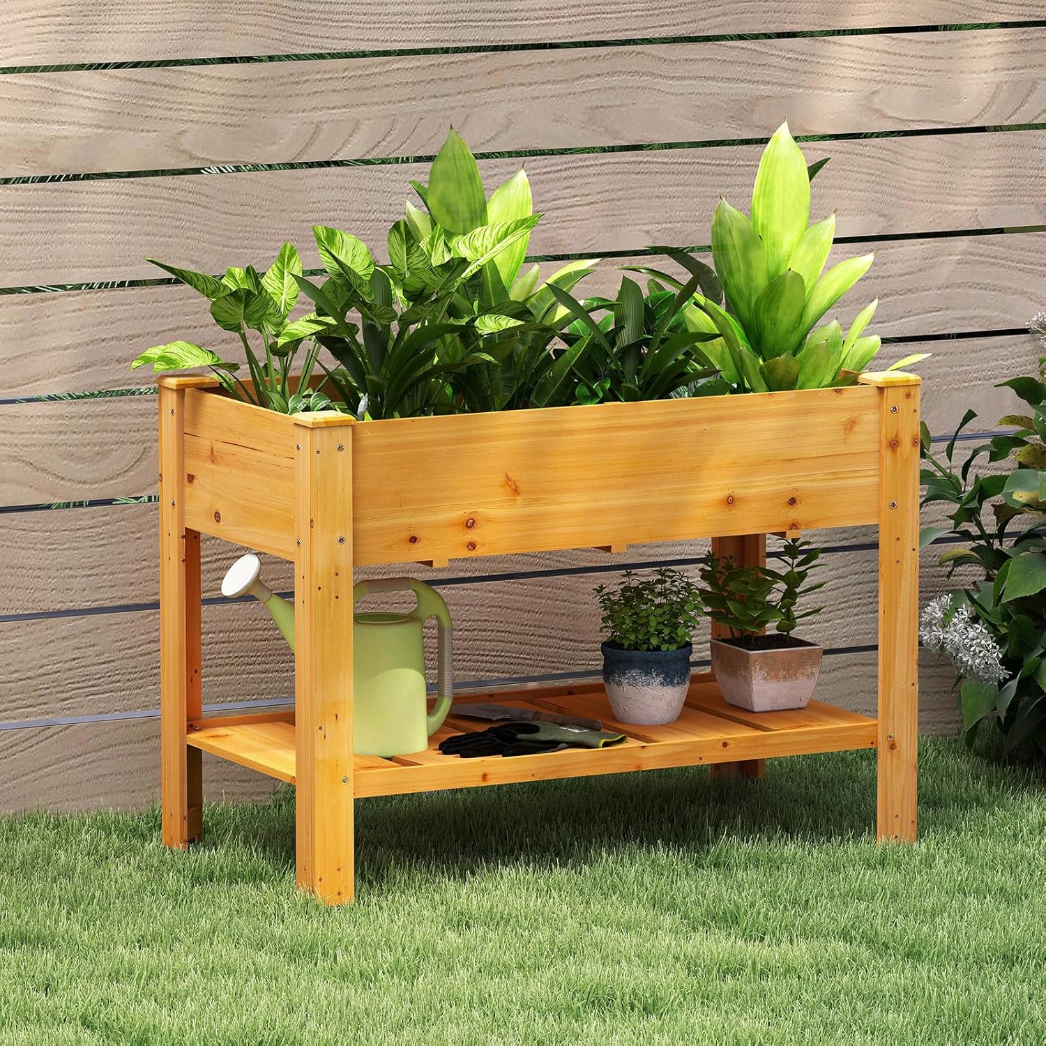 Jardinière Surélevé en Bois avec Trou de Drainage, Lit de Jardin avec Pieds et Étagère, Bac de Culture pour Plantes Fleurs Végétaux (Marron) - 2