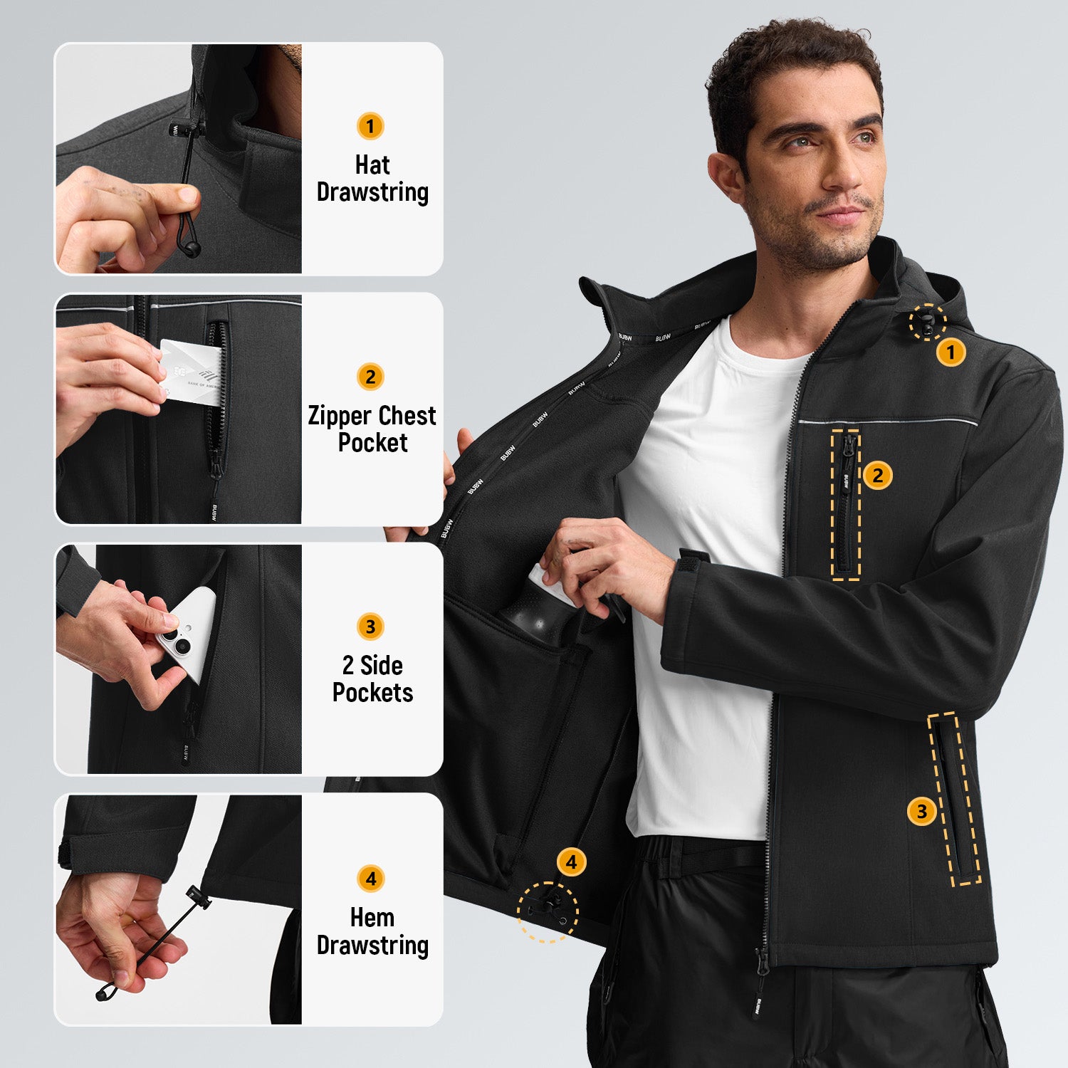 Veste de Travail Homme Blouson & Softshell de Travail - Imperméable, Anti-Vent, Fourré Chaud, Poches Multiples, Capuche Amovible - Noir L - 2