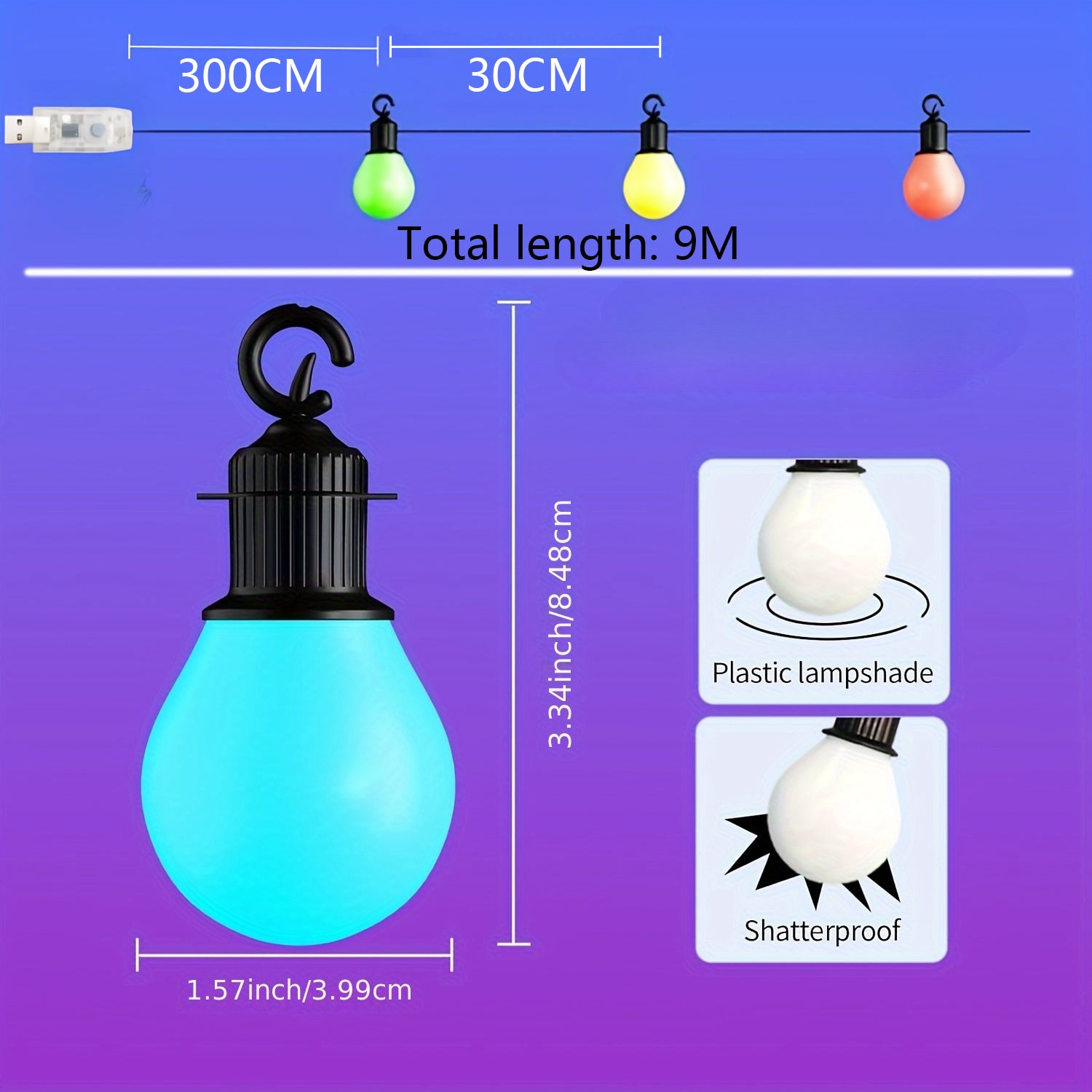 Guirlande lumineuse d'extérieur à intensité variable de 9 m avec 10 ampoules G40, APP et télécommande, étanche IP65, pour jardin,cour, Noël et fêtes - 4