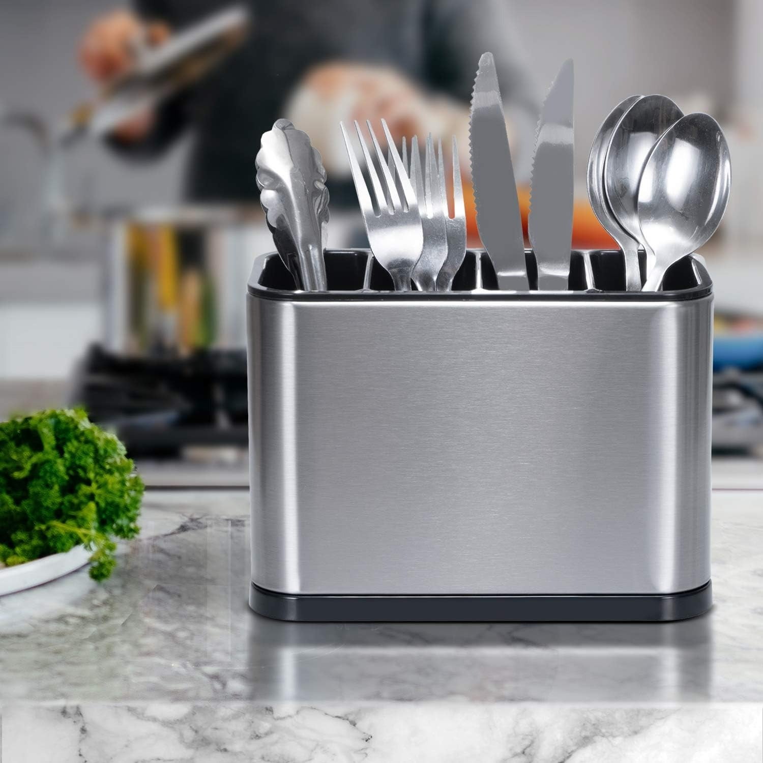 Égouttoir à couverts en acier inoxydable, argenté, rangement de table de cuisine avec 4 compartiments et plateau anti-goutte antidérapant - 2