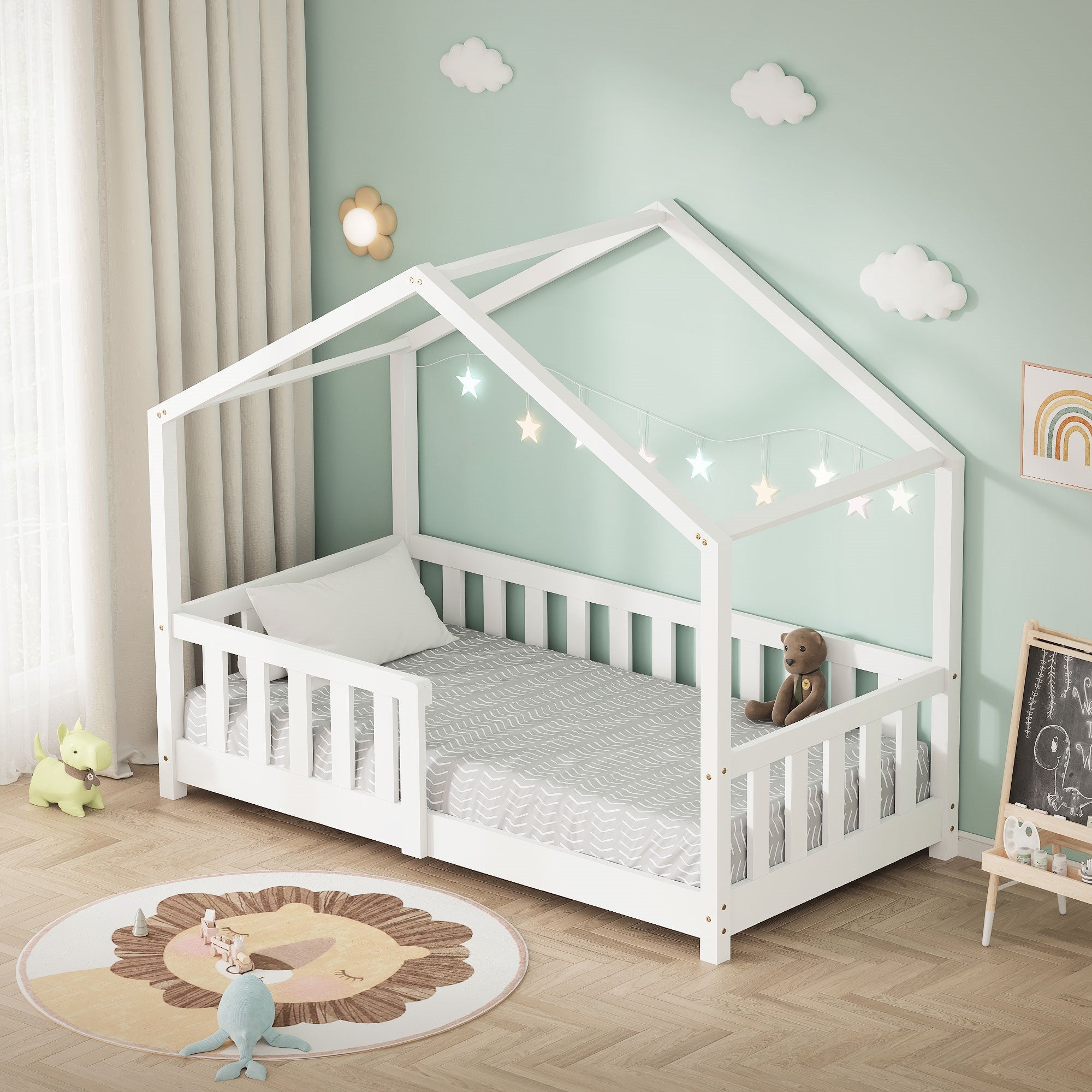 Lit cabane enfant 70x140 cm blanc pin massif avec protection antichute, toit et sommier à lattes, couchage au sol Montessori | Leroy Merlin
