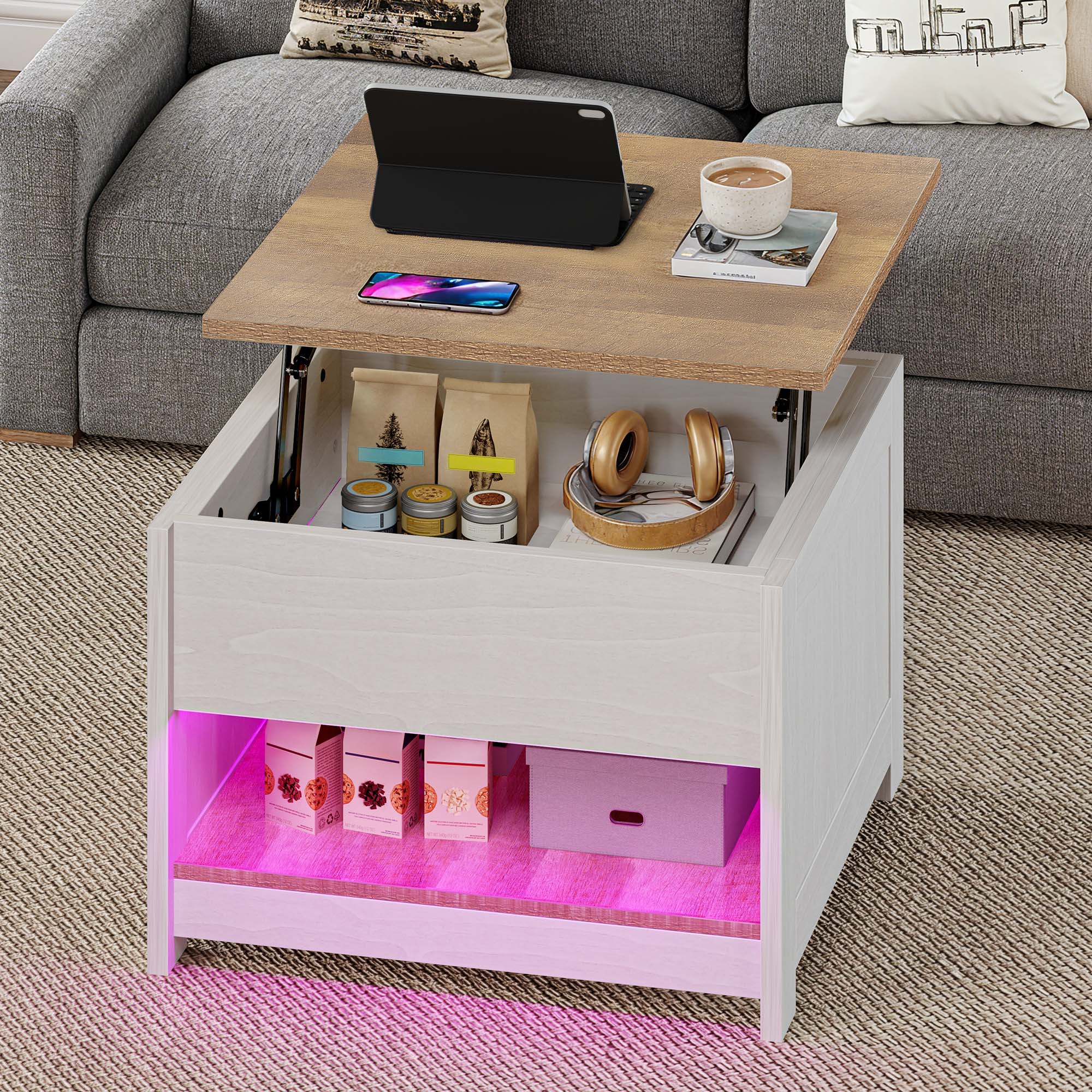 Balconera Table Basse Plateau Relevable-60x60x45cm-Beige+Blanc - 7