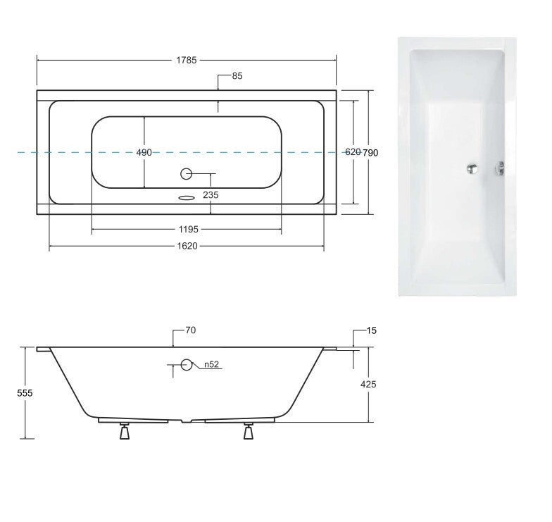 Baignoire rectangulaire à encastrer de 180 x 80 cm - BLANC - avec Repose Tête OFFERT - QUADRO SLIM - 4