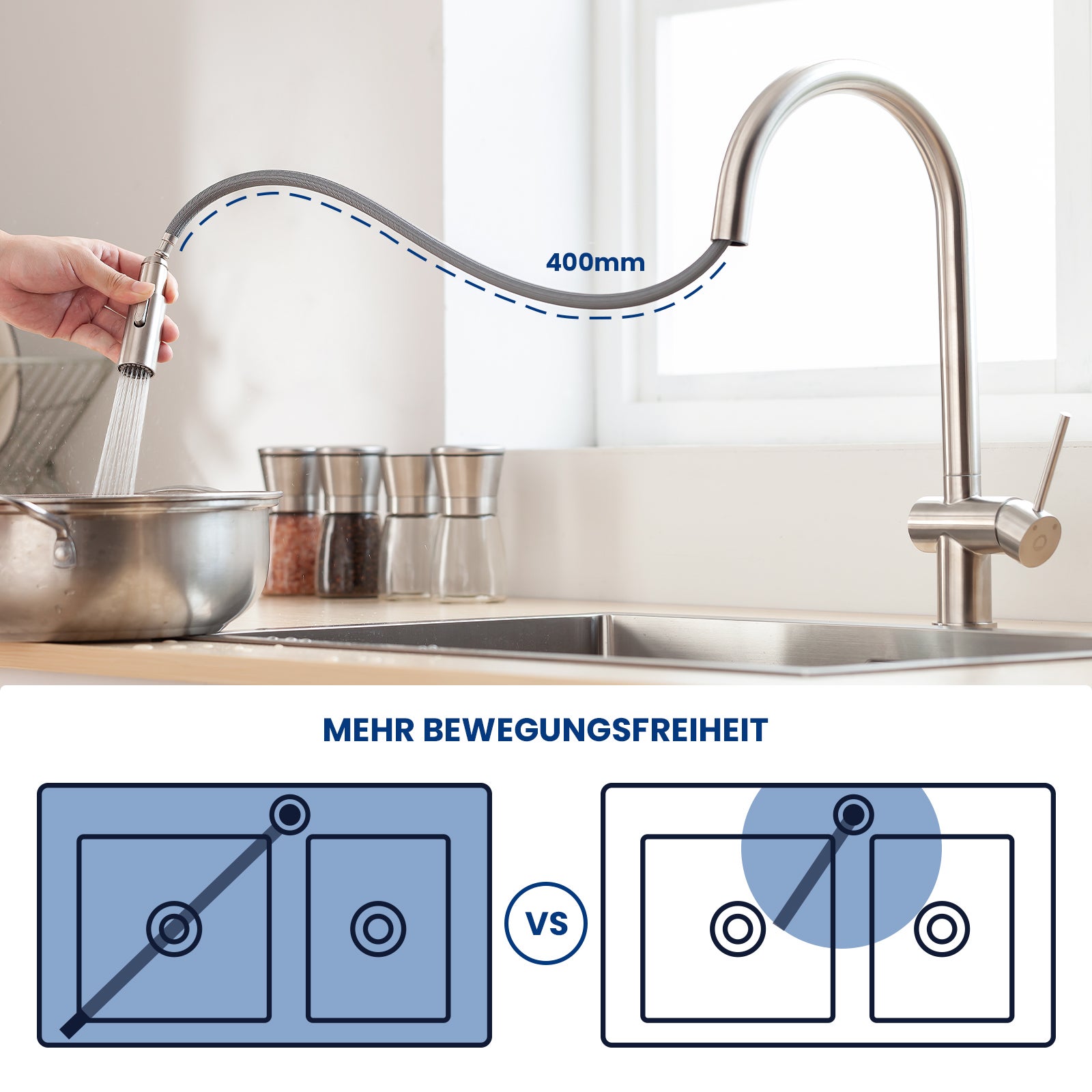 Cecipa max Évier Cuisine 1 Bac 60×45×18CM Évier Inox Brossé avec Panier de Drainage + Mitigeur de Cuisine avec Douchette Extractible Brossé - 8