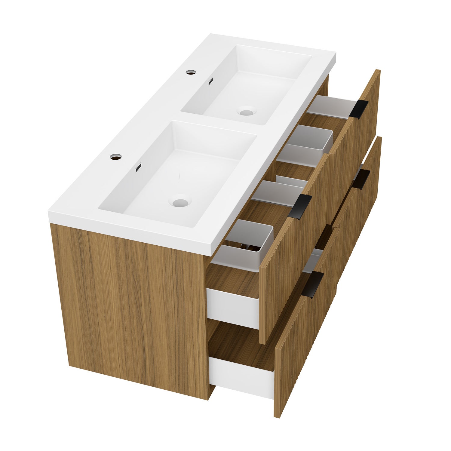 Meubles Salle de Bain 120cm avec double vasque - 4 tiroirs effet noyer - 2