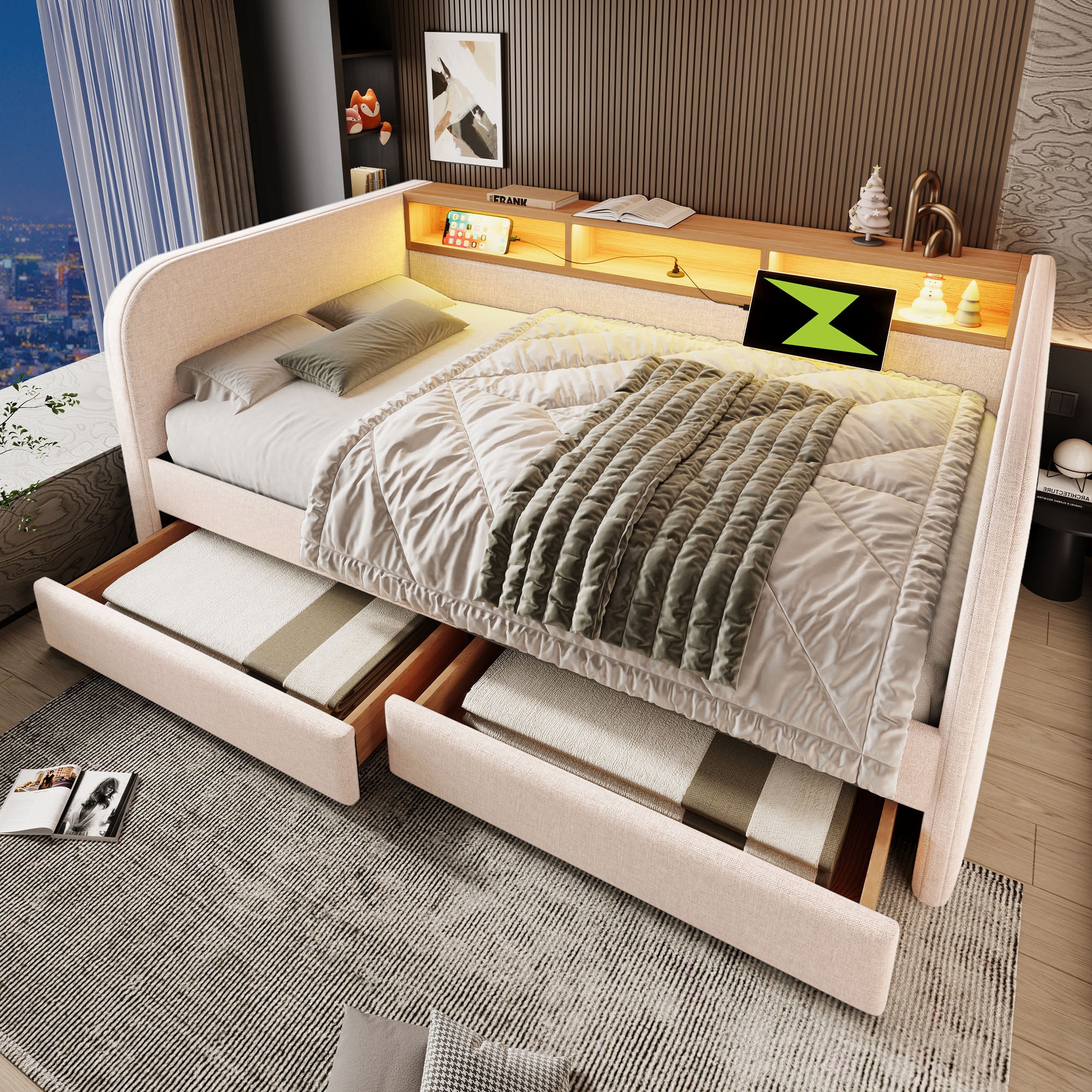 Lit Rembourré 180 X 200 Cm, Cadre De Lit LED Avec 4 Tiroirs, Sommier à