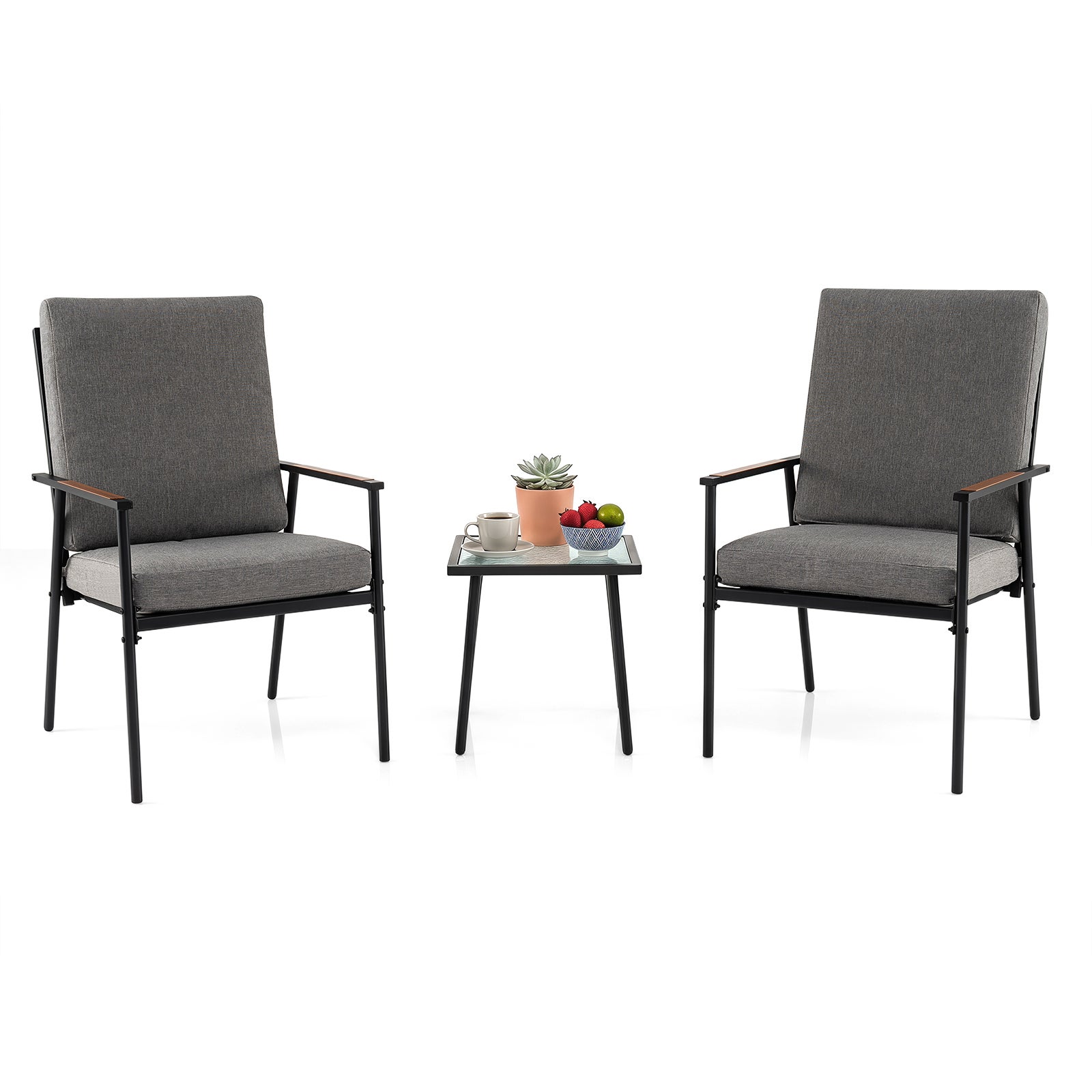 Set de mobilier de grădină din 3 piese pentru 2 persoane, cu 2 scaune metal, spătar încrucișat, cotiere perne, masă sticlă securizată ondulată